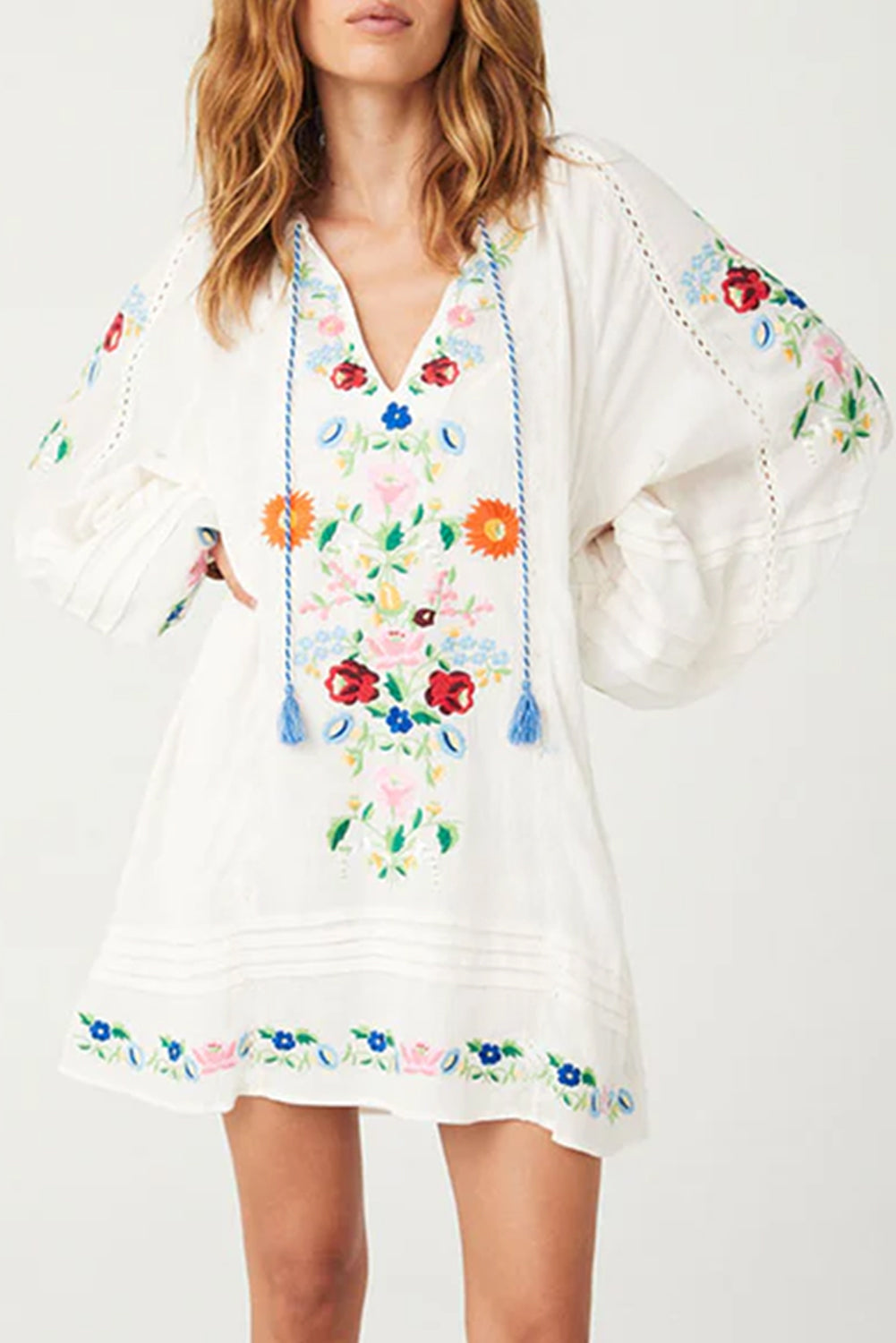 Blue Zone Planet | White Boho Floral Tassel Tie V Neck Mini Dress-TOPS / DRESSES-[Adult]-[Female]-2022 Online Blue Zone Planet