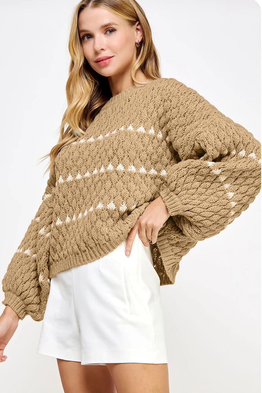 Pale Khaki Contrast Detail Textured Knit Puff Sleeve Baggy Sweater-Sweaters & Cardigans/Sweaters-[Adult]-[Female]-2022 Online Blue Zone Planet