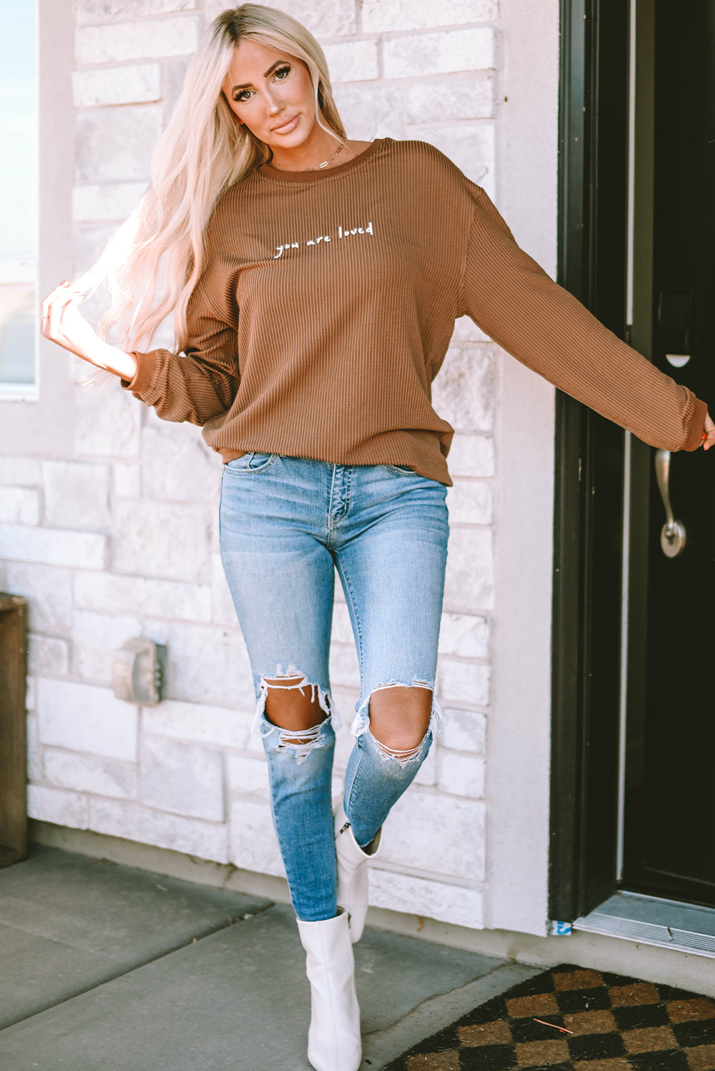 Khaki You Are Loved Print Corduroy Sweatshirt-Sale (50% OFF)/30% OFF-[Adult]-[Female]-2022 Online Blue Zone Planet
