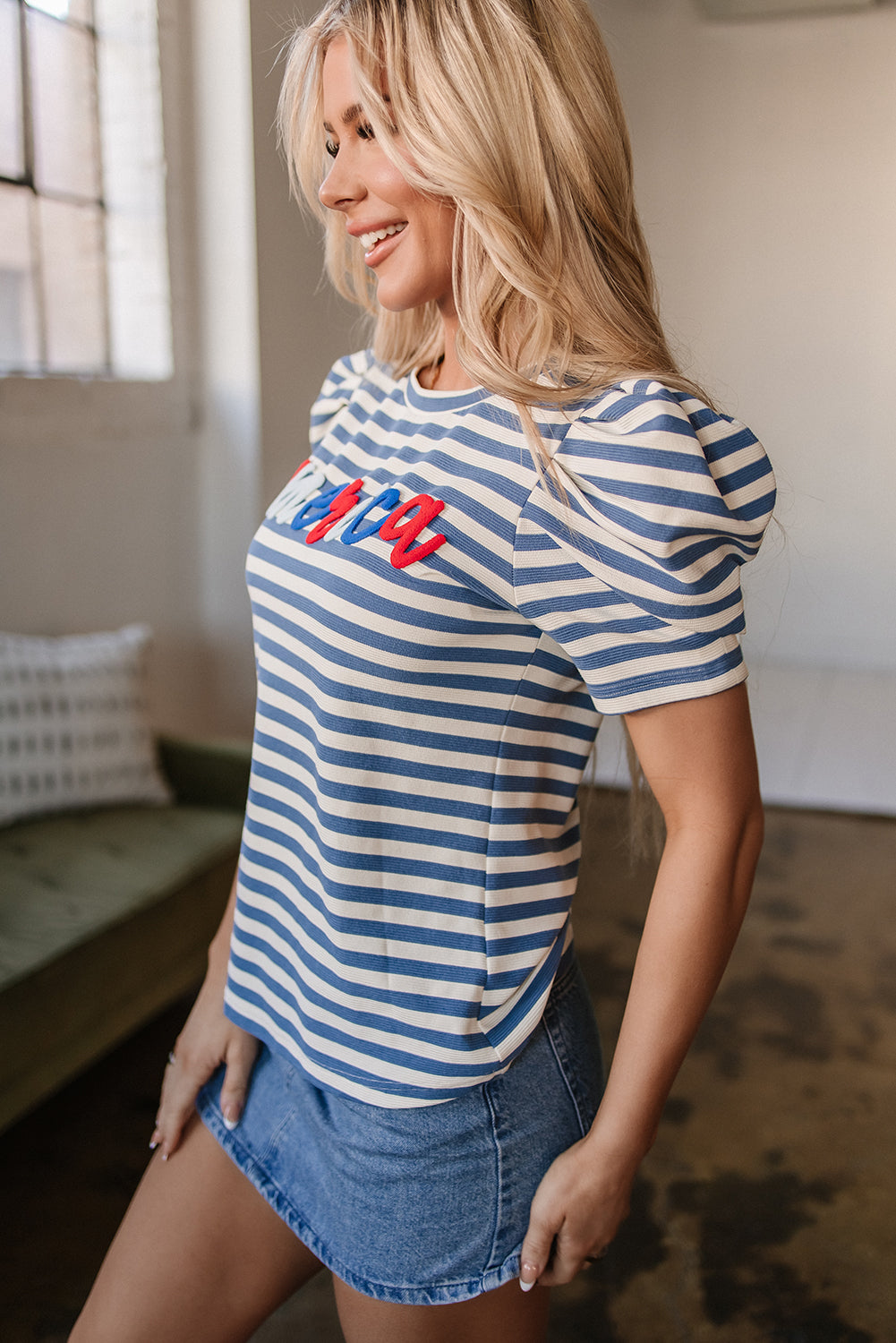 Blue Stripe America Cursive Graphic Puff Sleeve T-shirt-Tops/Tops & Tees-[Adult]-[Female]-2022 Online Blue Zone Planet