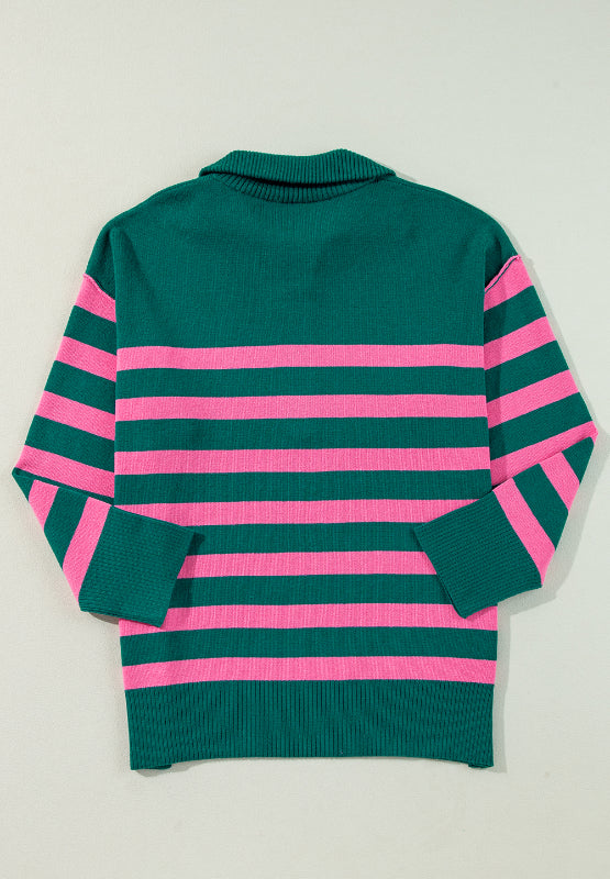 Blue Zone Planet | Contrast Striped Quarter Zip Long Sleeve Sweater-SWEATERS-[Adult]-[Female]-2022 Online Blue Zone Planet