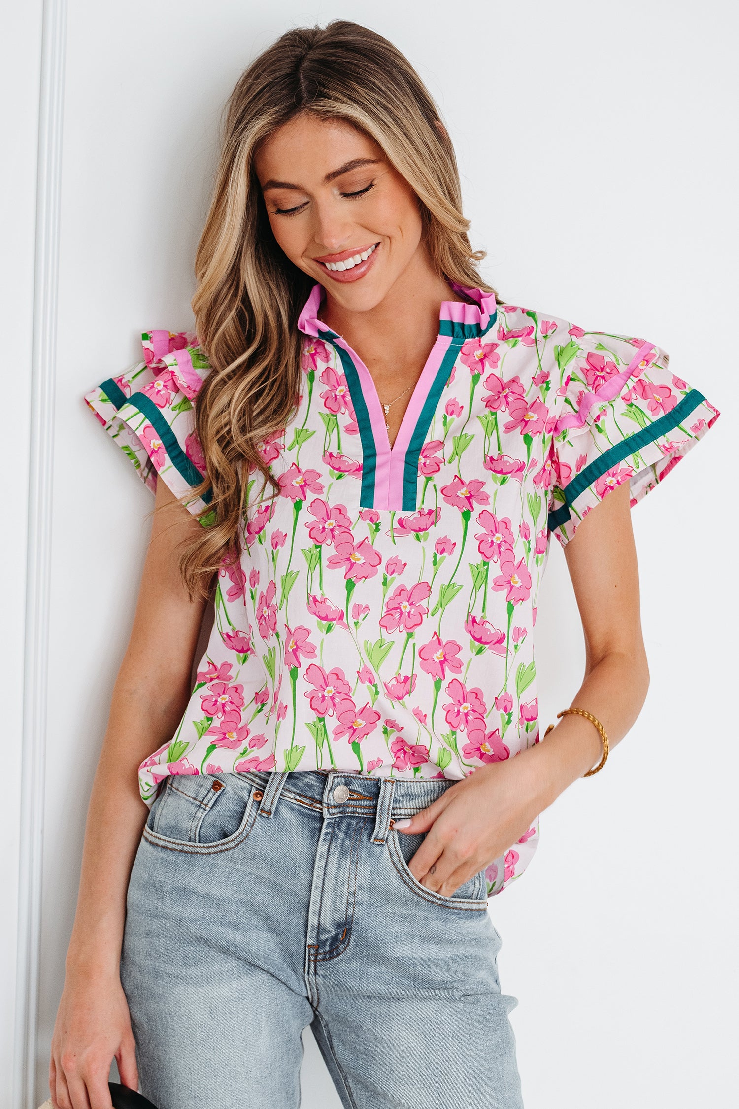 Pink Floral Print Contrast Trim V Neck Double Ruffled Short Sleeve Blouse-Tops/Blouses & Shirts-[Adult]-[Female]-2022 Online Blue Zone Planet