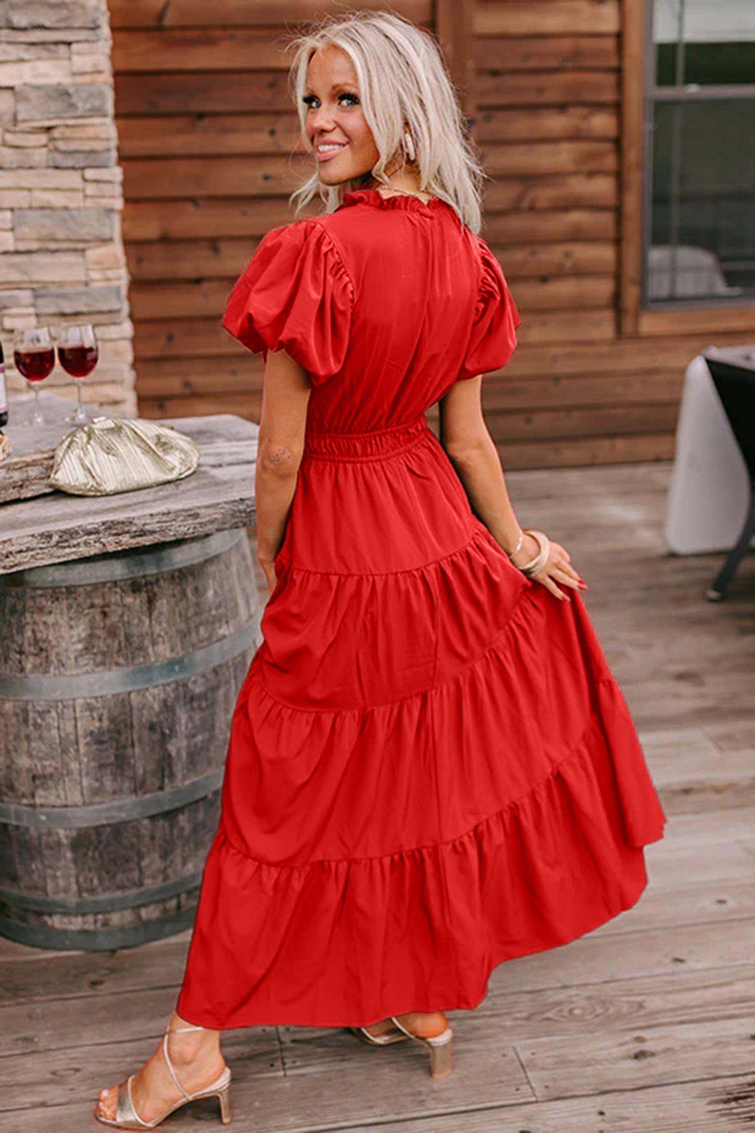 Coral Solid Color V Neck Short Puff Sleeve High Waist Tiered Maxi Dress Lavendula / XL / 100%Polyester by Blue Zone Planet Coral Solid Color V Neck Short Puff Sleeve High Waist Tiered Maxi Dress Lavendula / XL / 100%Polyester by Blue Zone Planet
