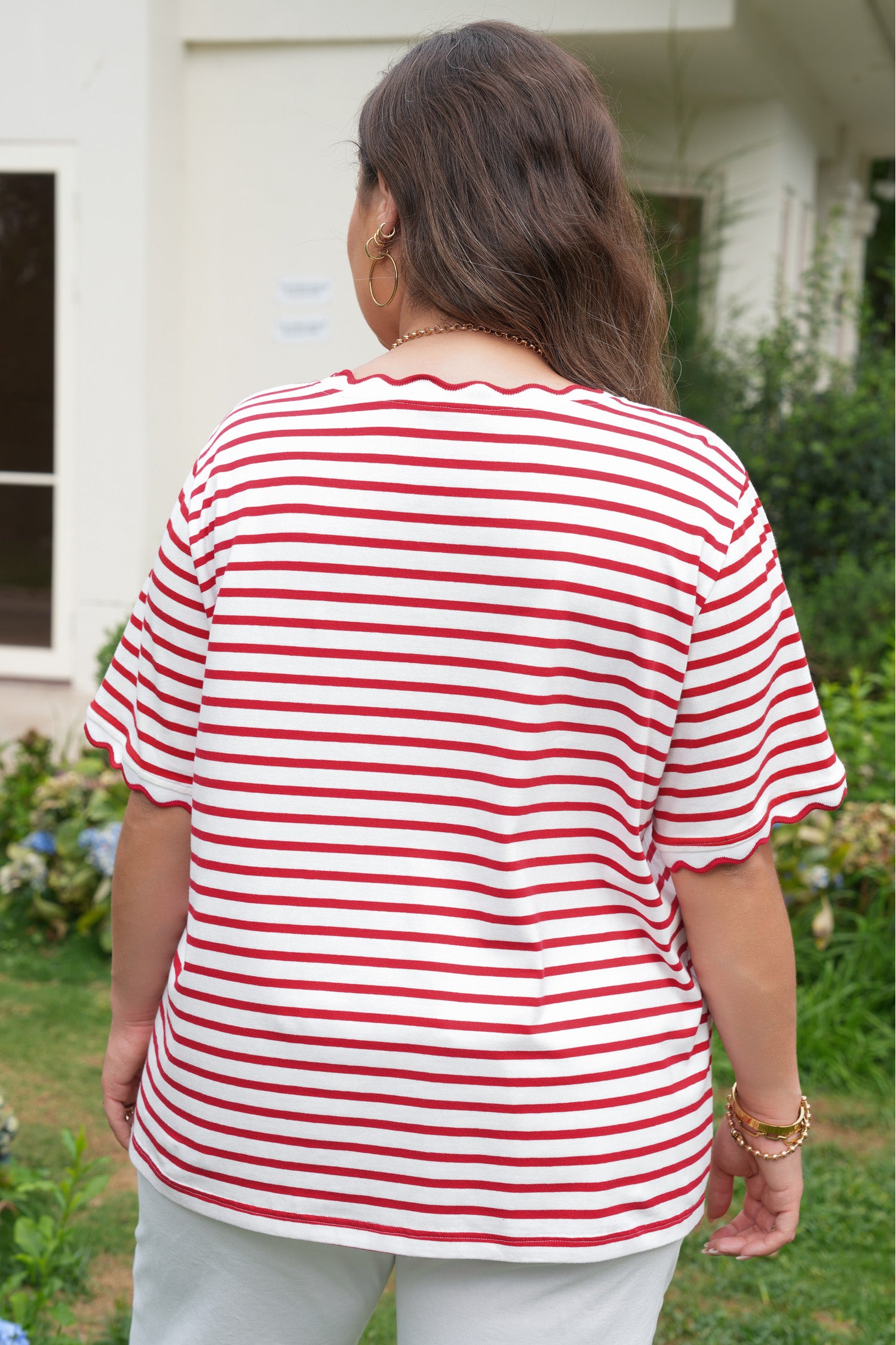 Red Stripe Plus Size Scalloped Trim Round Neck Short Sleeve Top-Plus Size/Plus Size Tops/Plus Size Tops & Tees-[Adult]-[Female]-2022 Online Blue Zone Planet