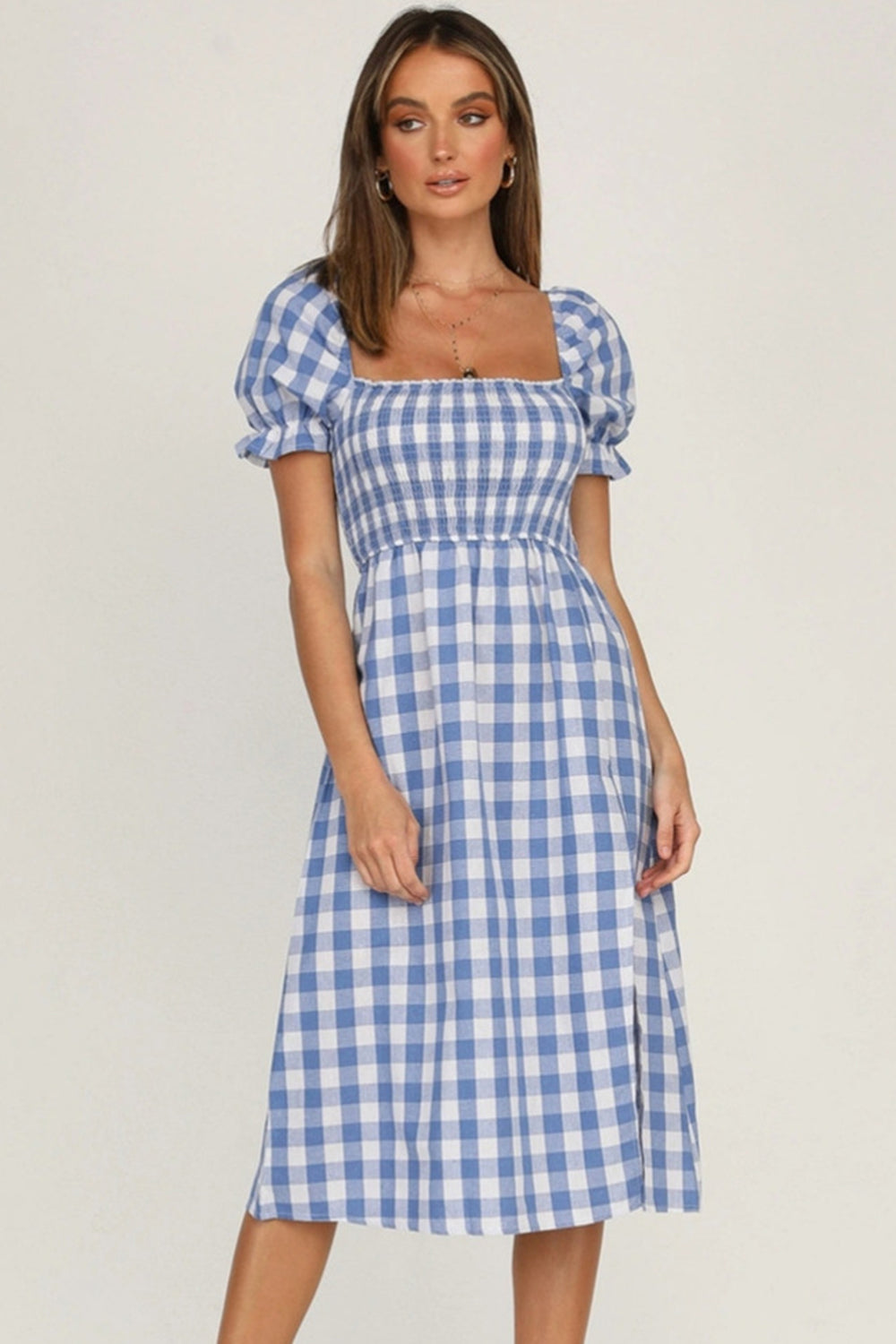 Full Size Slit Plaid Short Sleeve Midi Dress-TOPS / DRESSES-[Adult]-[Female]-2022 Online Blue Zone Planet