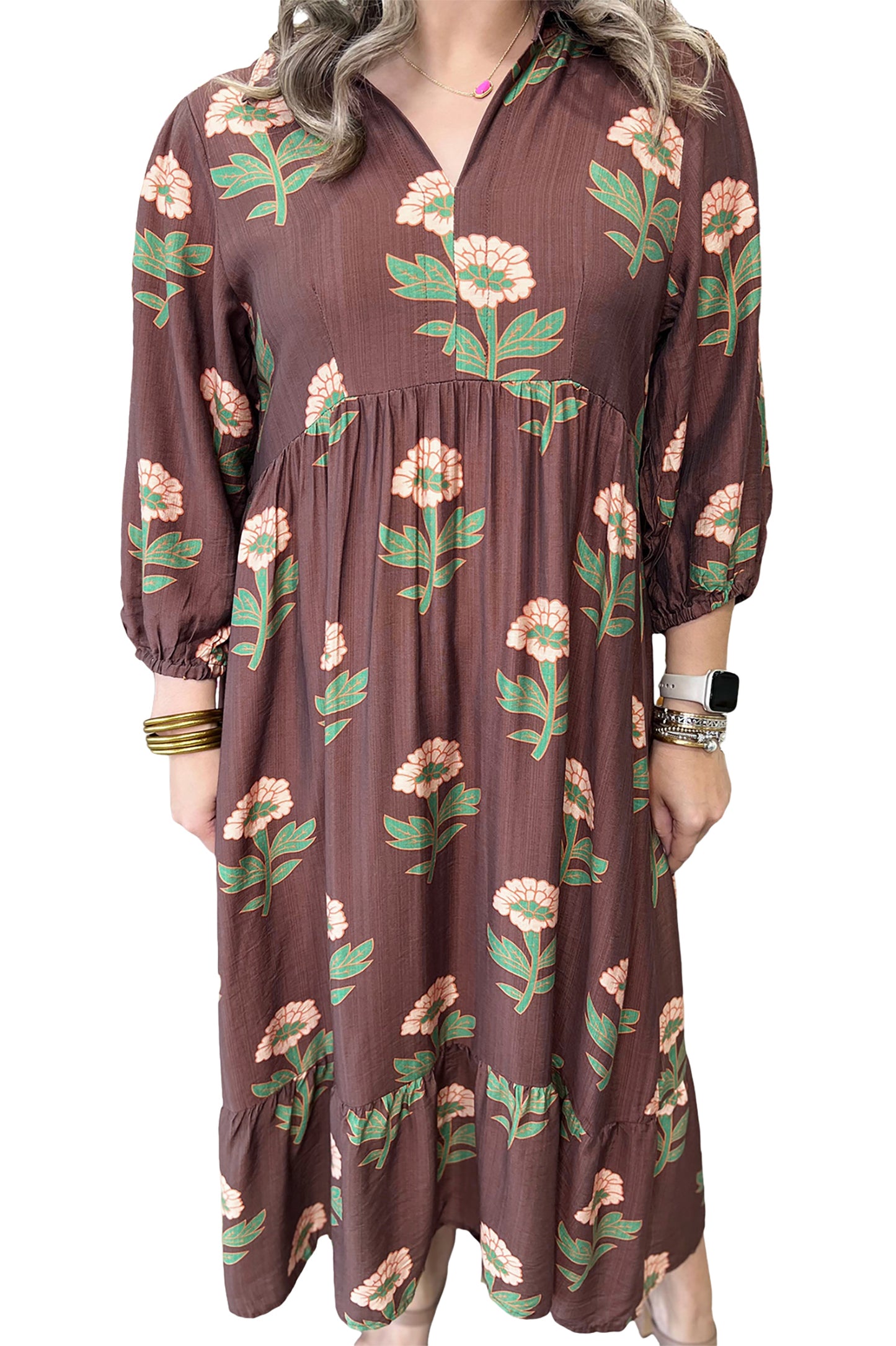Brown Floral Print V-Neck Long Sleeve Loose Shift Plus Size Dress-Plus Size/Plus Size Dresses/Plus Size Maxi Dresses-[Adult]-[Female]-2022 Online Blue Zone Planet