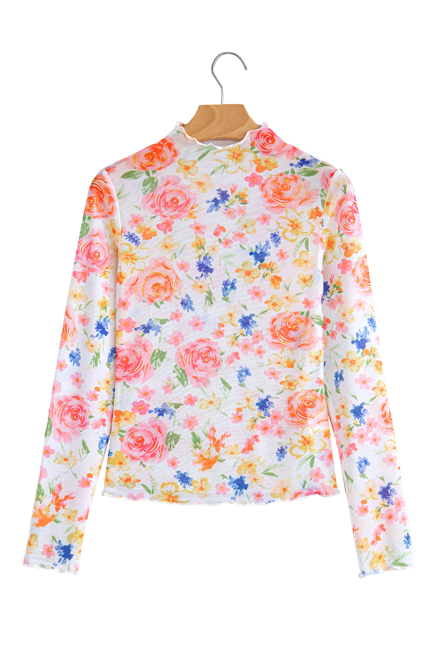 White Lettuce Trim Floral Print Sheer Mesh Long Sleeve Top-Tops/Long Sleeve Tops-[Adult]-[Female]-2022 Online Blue Zone Planet