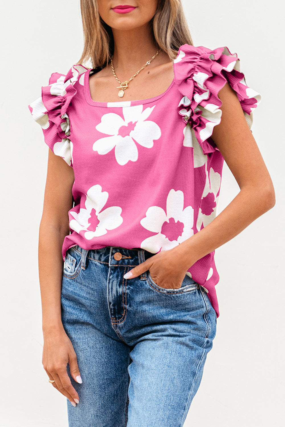 Pink Floral Textured Ruffled Short Sleeve Square Neck Blouse-Tops/Blouses & Shirts-[Adult]-[Female]-2022 Online Blue Zone Planet