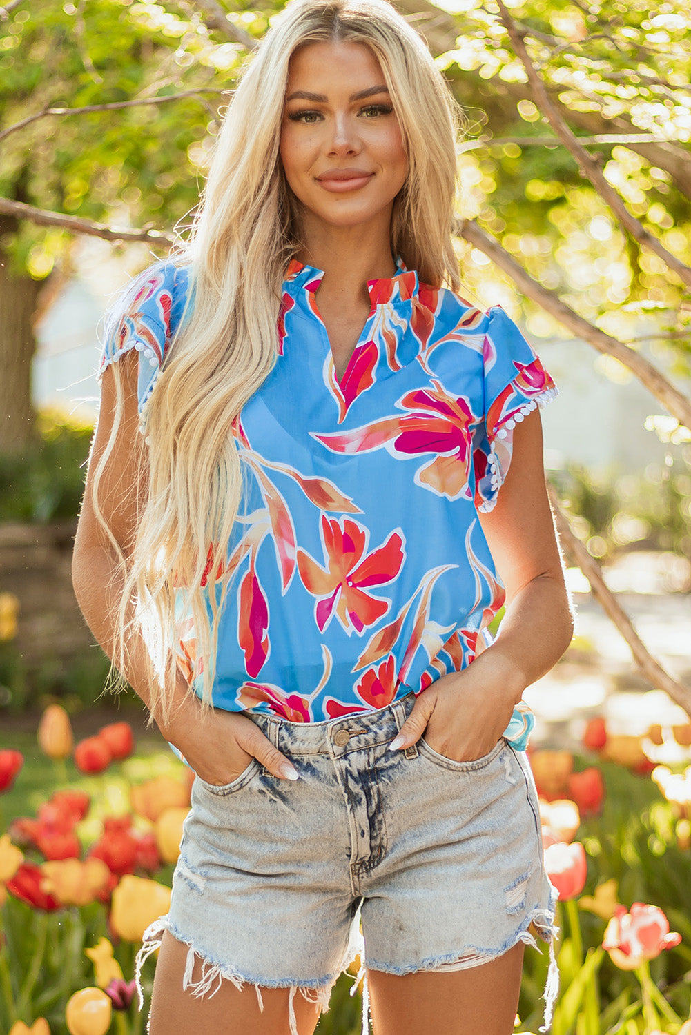 Sky Blue Floral Print V Neck Pompom Trim Flutter Sleeve Blouse-Tops/Blouses & Shirts-[Adult]-[Female]-2022 Online Blue Zone Planet