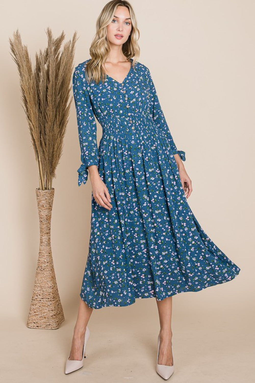 Reborn J Floral V-Neck Midi Dress-TOPS / DRESSES-[Adult]-[Female]-Teal-S-2022 Online Blue Zone Planet