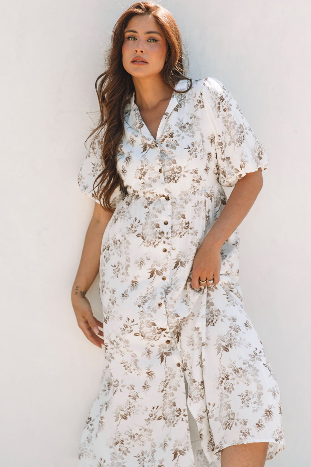 Khaki Floral Puff Sleeve V Neck Buttoned Front Maxi Dress-Dresses/Maxi Dresses-[Adult]-[Female]-2022 Online Blue Zone Planet