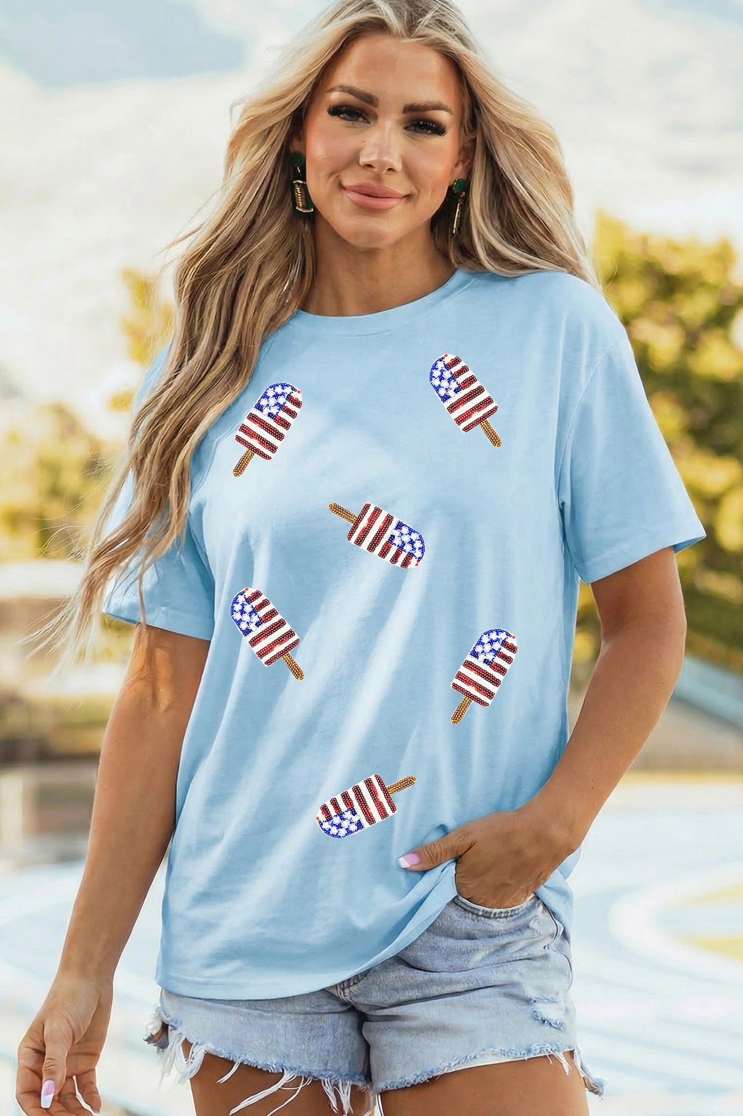 Light Blue Patriotic Sequin Popsicle T Shirt-Graphic/Graphic Tees-[Adult]-[Female]-2022 Online Blue Zone Planet
