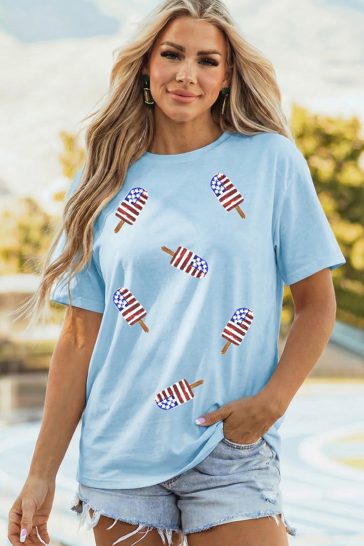 Light Blue Patriotic Sequin Popsicle T Shirt-Graphic/Graphic Tees-[Adult]-[Female]-2022 Online Blue Zone Planet
