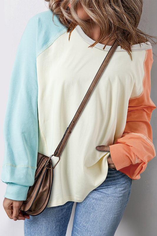 Color Block Round Neck Long Sleeve T-Shirt-TOPS / DRESSES-[Adult]-[Female]-Ivory-S-2022 Online Blue Zone Planet