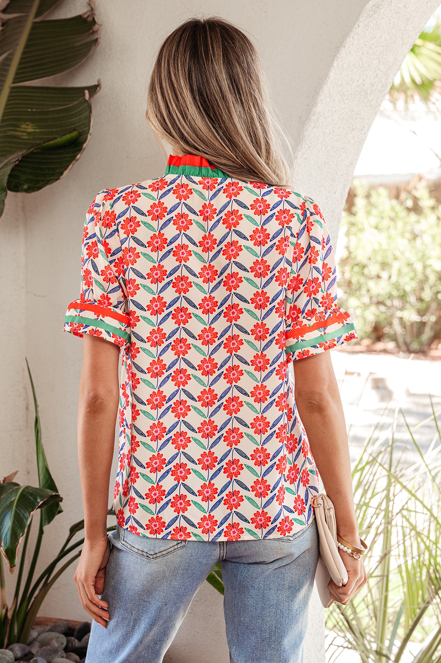 Red Floral Print Striped Detail V Neck Ruffled Short Sleeve Blouse-Tops/Blouses & Shirts-[Adult]-[Female]-2022 Online Blue Zone Planet