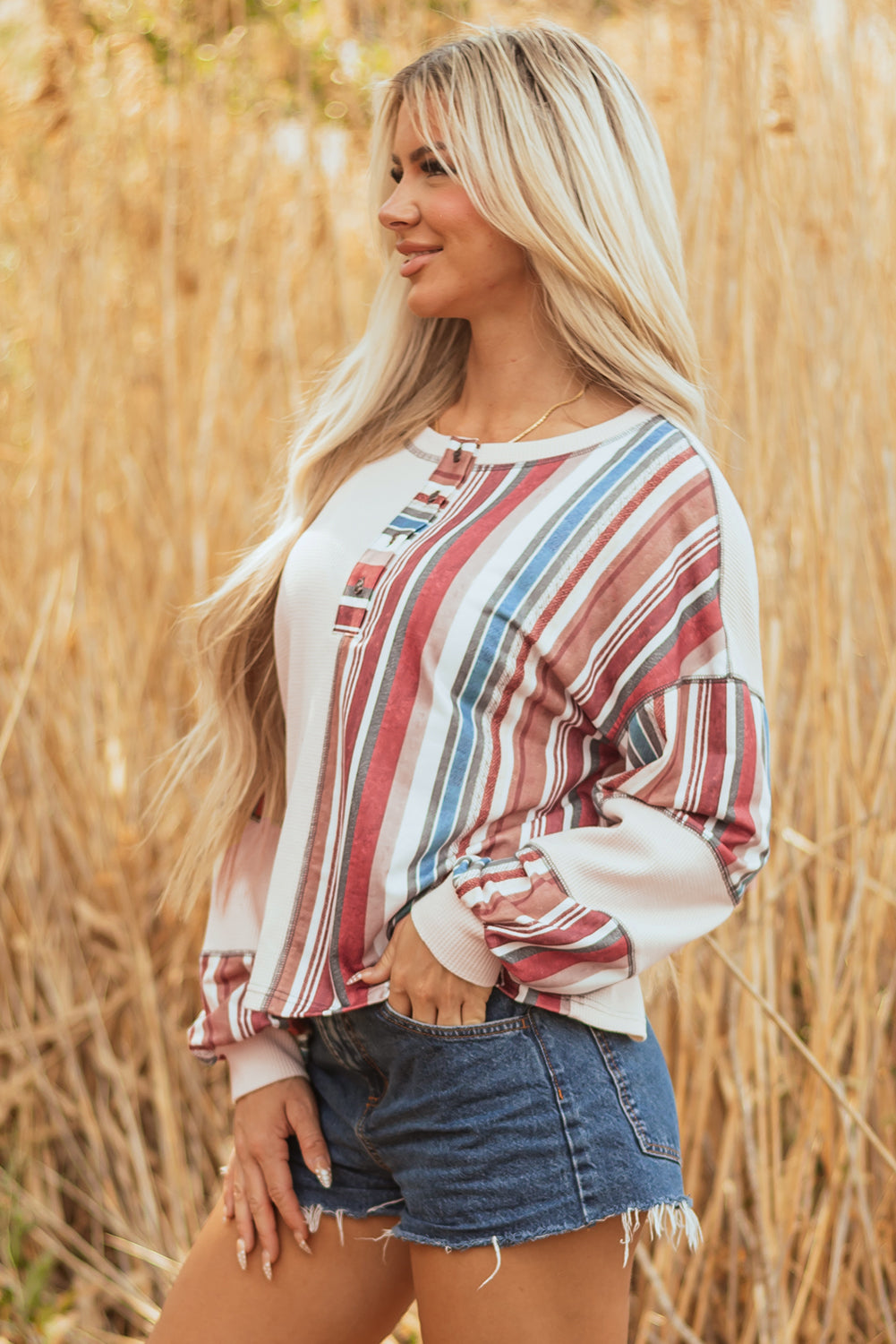 Beige Striped Waffle Patchwork Exposed Seam Raw Edge Casual Knit Top-Tops/Blouses & Shirts-[Adult]-[Female]-2022 Online Blue Zone Planet