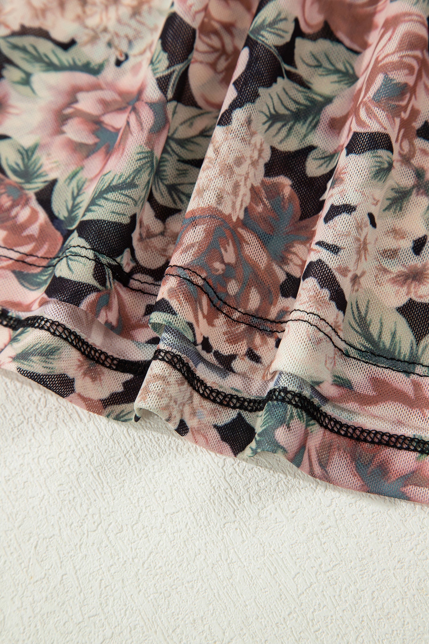 Black Floral Print Mesh Long Sleeve Foldover Off Shoulder Top-Tops/Long Sleeve Tops-[Adult]-[Female]-2022 Online Blue Zone Planet