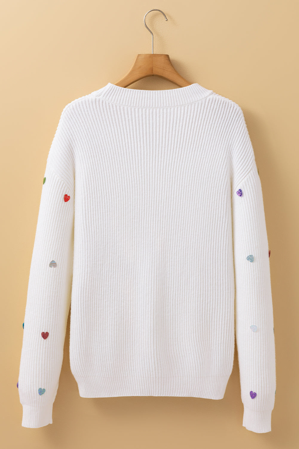 Blue Zone Planet | Beige Sequin Heart Shape Waffle Knit Round Neck Sweater-Sweaters & Cardigans/Sweaters-[Adult]-[Female]-2022 Online Blue Zone Planet