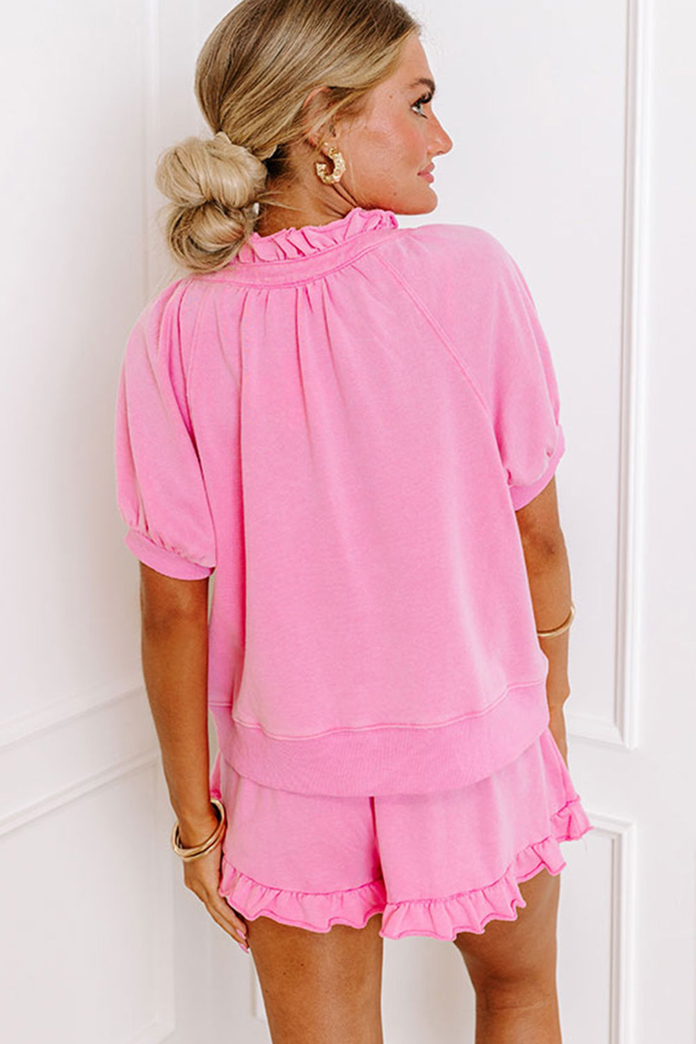 Pink Half Zip Puff Sleeve Top and Ruffled Shorts Set-Two Piece Sets/Short Sets-[Adult]-[Female]-2022 Online Blue Zone Planet