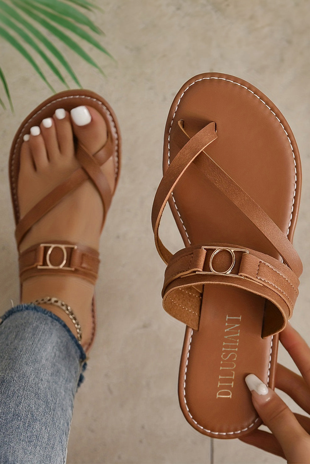 Chestnut Cross Toe Metal Buckle Leathered Flat Slippers-Shoes & Bags/Slippers-[Adult]-[Female]-2022 Online Blue Zone Planet