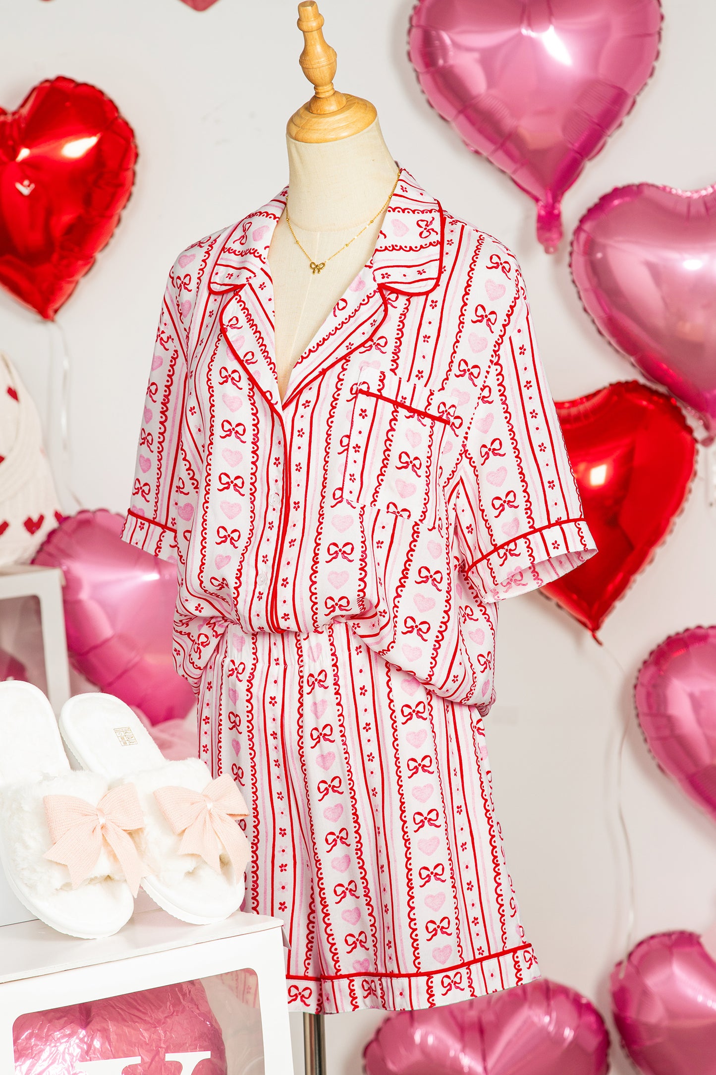 Red Cute Bow Heart Print Ribbon Decor Short 2pcs Pajama Set-Loungewear & Sleepwear/Sleepwear-[Adult]-[Female]-2022 Online Blue Zone Planet