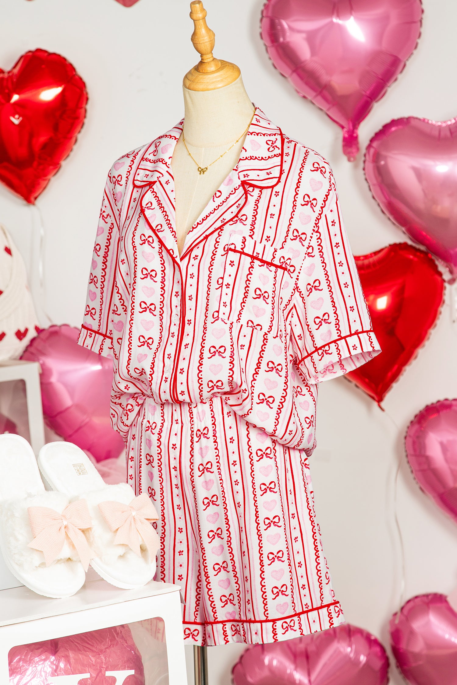 Red Cute Bow Heart Print Ribbon Decor Short 2pcs Pajama Set-Loungewear & Sleepwear/Sleepwear-[Adult]-[Female]-2022 Online Blue Zone Planet