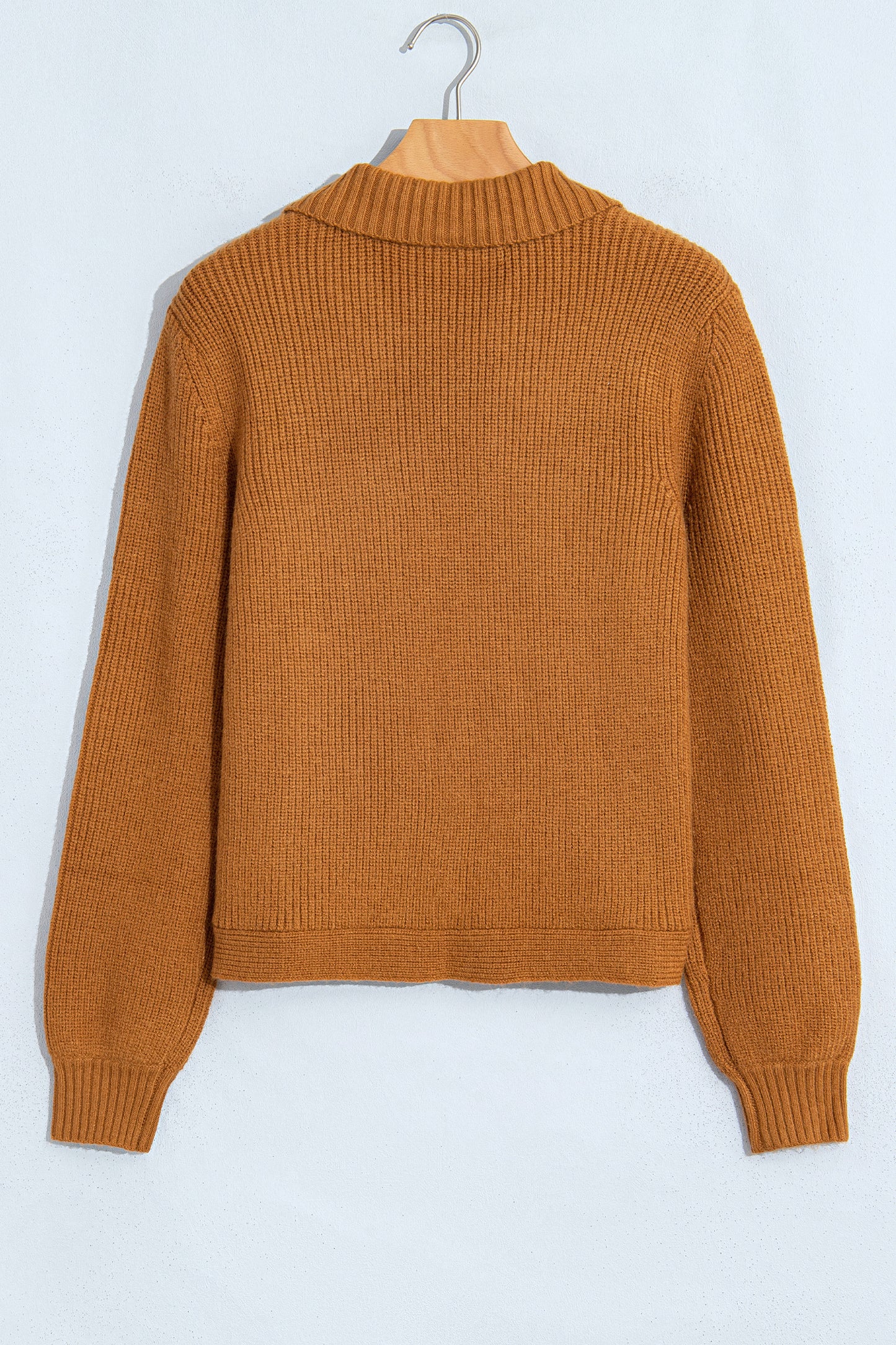 Mustard Ribbed Knit Collar Button Front Long Sleeve Cardigan-Sweaters & Cardigans/Cardigans-[Adult]-[Female]-2022 Online Blue Zone Planet