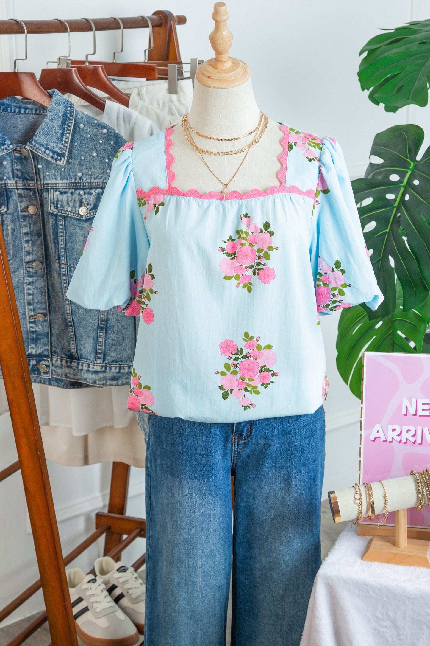 Sky Blue Floral Printed Contrast Ricrac Detail Bubble Sleeve Blouse-Tops/Blouses & Shirts-[Adult]-[Female]-2022 Online Blue Zone Planet