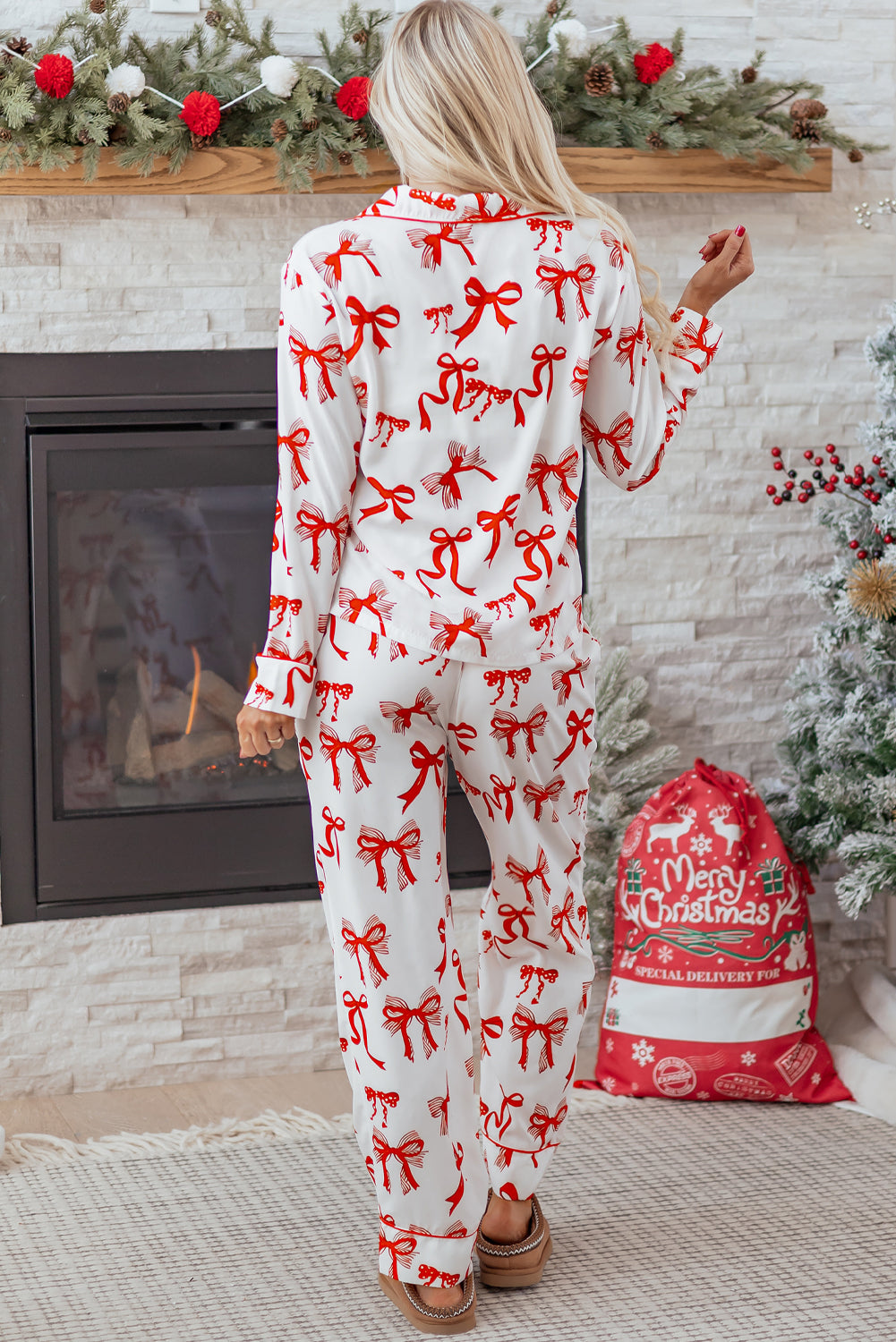 Red Christmas Bow Print Long 2pcs Pajama Set-Loungewear & Sleepwear/Sleepwear-[Adult]-[Female]-2022 Online Blue Zone Planet
