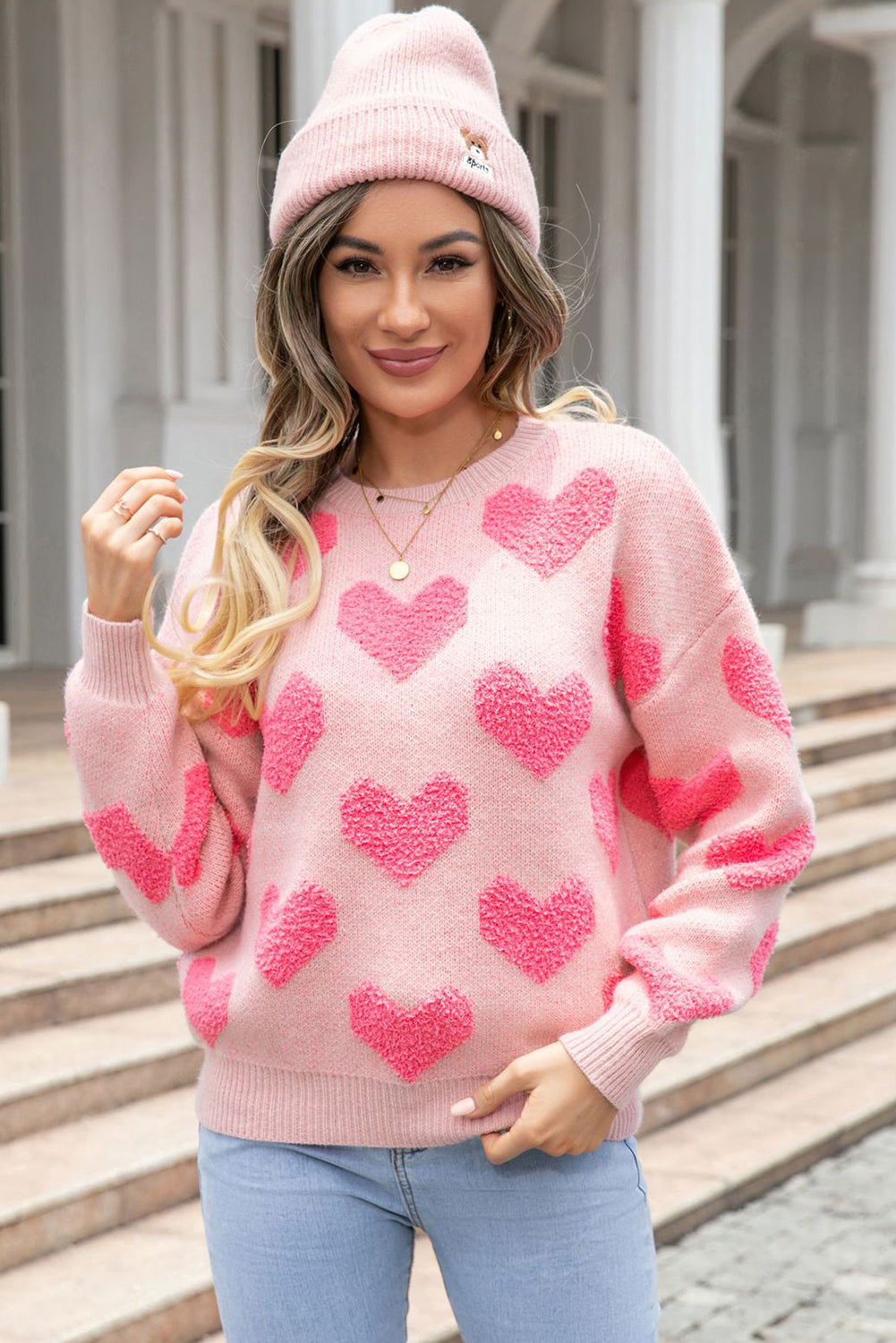 Blue Zone Planet | Light Pink Valentines Day Heart Jacquard Knit Sweater-Sweaters-[Adult]-[Female]-2022 Online Blue Zone Planet