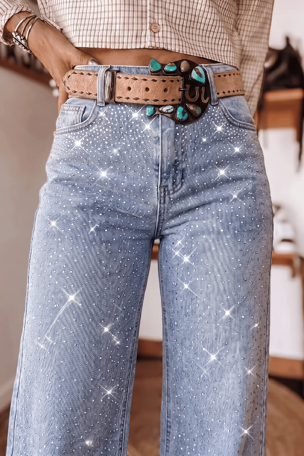 Beau Blue Sparkle Detail Western Casual Shift Jeans-Bottoms/Jeans-[Adult]-[Female]-2022 Online Blue Zone Planet