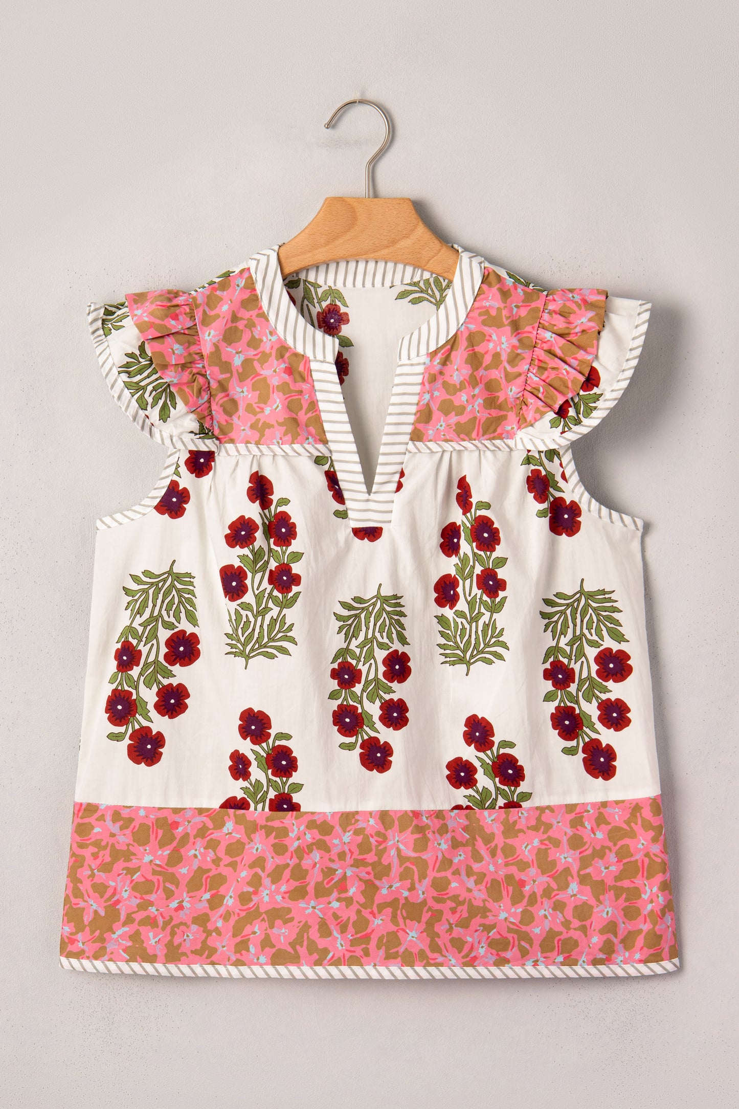 White Floral Print Contrast Striped Trim Flutter Cotton Blouse-Tops/Blouses & Shirts-[Adult]-[Female]-2022 Online Blue Zone Planet