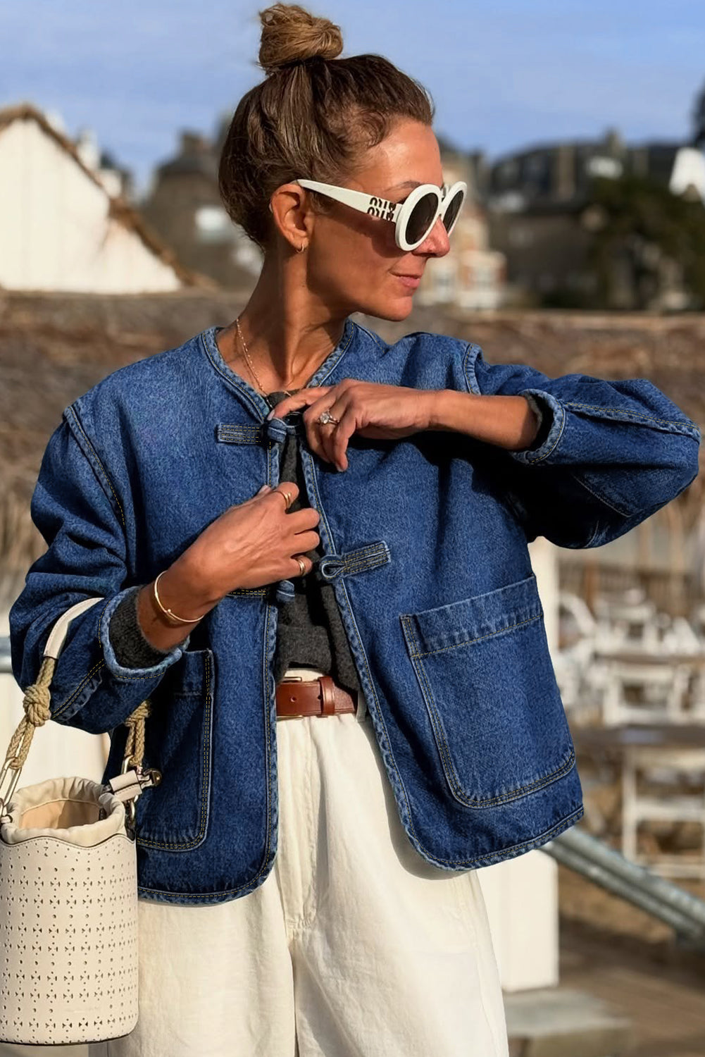 Sail Blue Vintage Fastening Big Patched Pockets Straight Cut Deep Wash Denim Jacket-Outerwear/Denim jackets-[Adult]-[Female]-2022 Online Blue Zone Planet