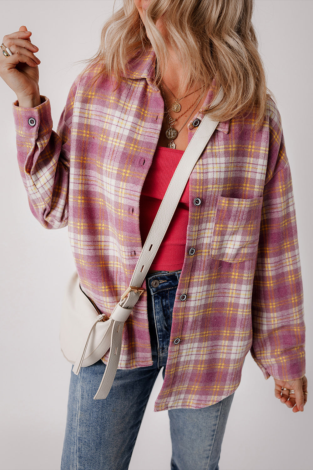 Plaid Collared Neck Button Up Shacket-TOPS / DRESSES-[Adult]-[Female]-2022 Online Blue Zone Planet