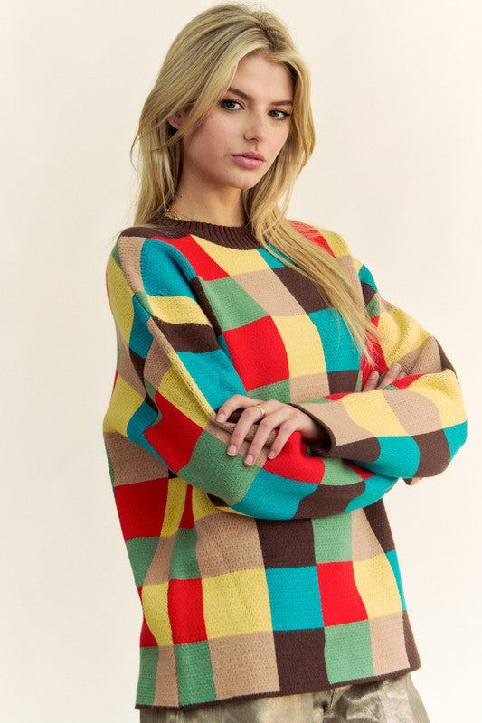 Davi & Dani Color Block Checkered Dropped Shoulder Sweater-TOPS / DRESSES-[Adult]-[Female]-2022 Online Blue Zone Planet