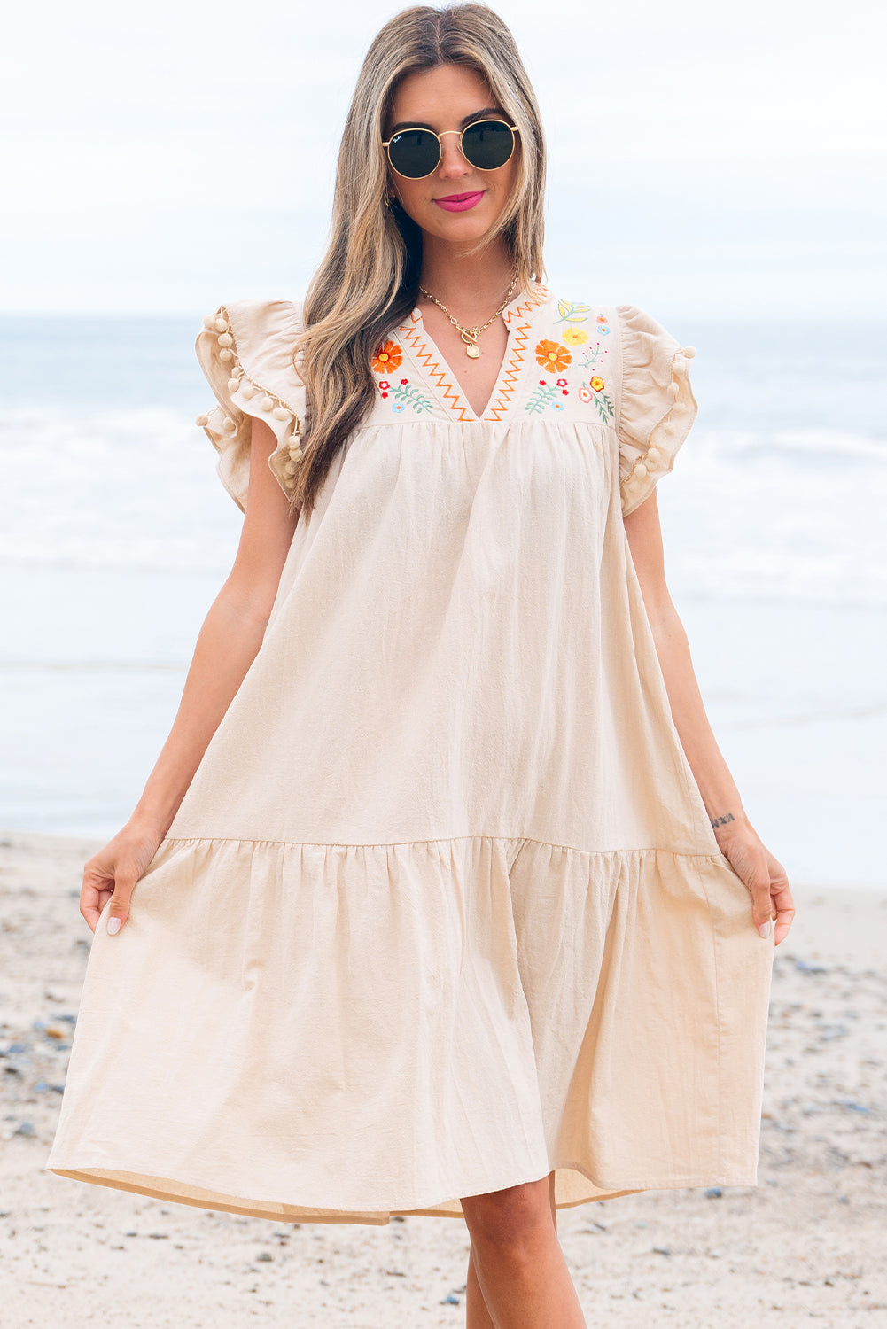 Jet Stream Linen Embroidery Split Neck Pom Pom Ruffle Sleeves Flowy Short Dress-Dresses/Mini Dresses-[Adult]-[Female]-2022 Online Blue Zone Planet