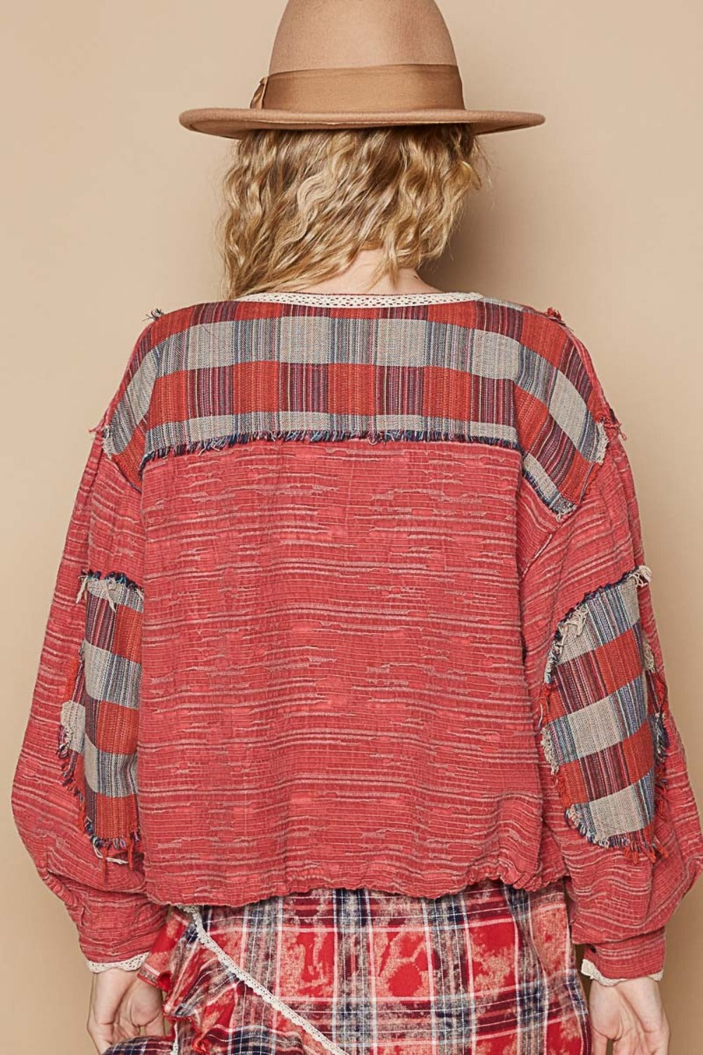 Blue Zone Planet | POL Round Neck Long Sleeve Plaid Shirt-TOPS / DRESSES-[Adult]-[Female]-2022 Online Blue Zone Planet