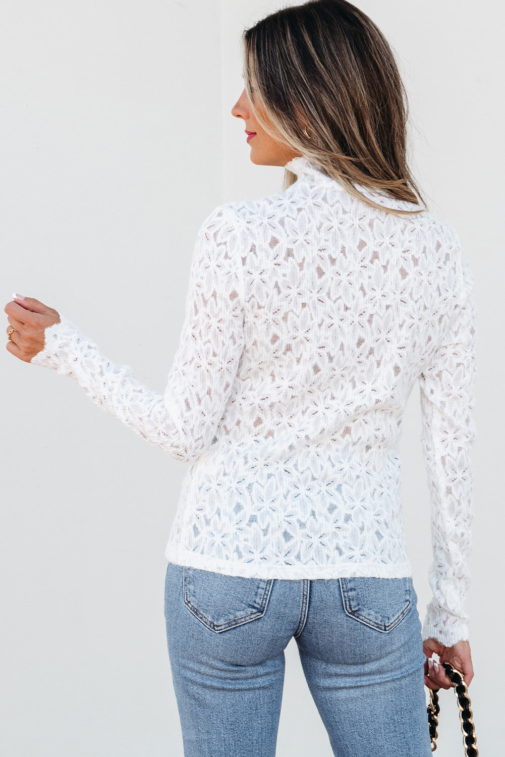 Blue Zone Planet | White Flower Lace See Through Mock Neck Long Sleeve Top-Tops/Long Sleeve Tops-[Adult]-[Female]-2022 Online Blue Zone Planet