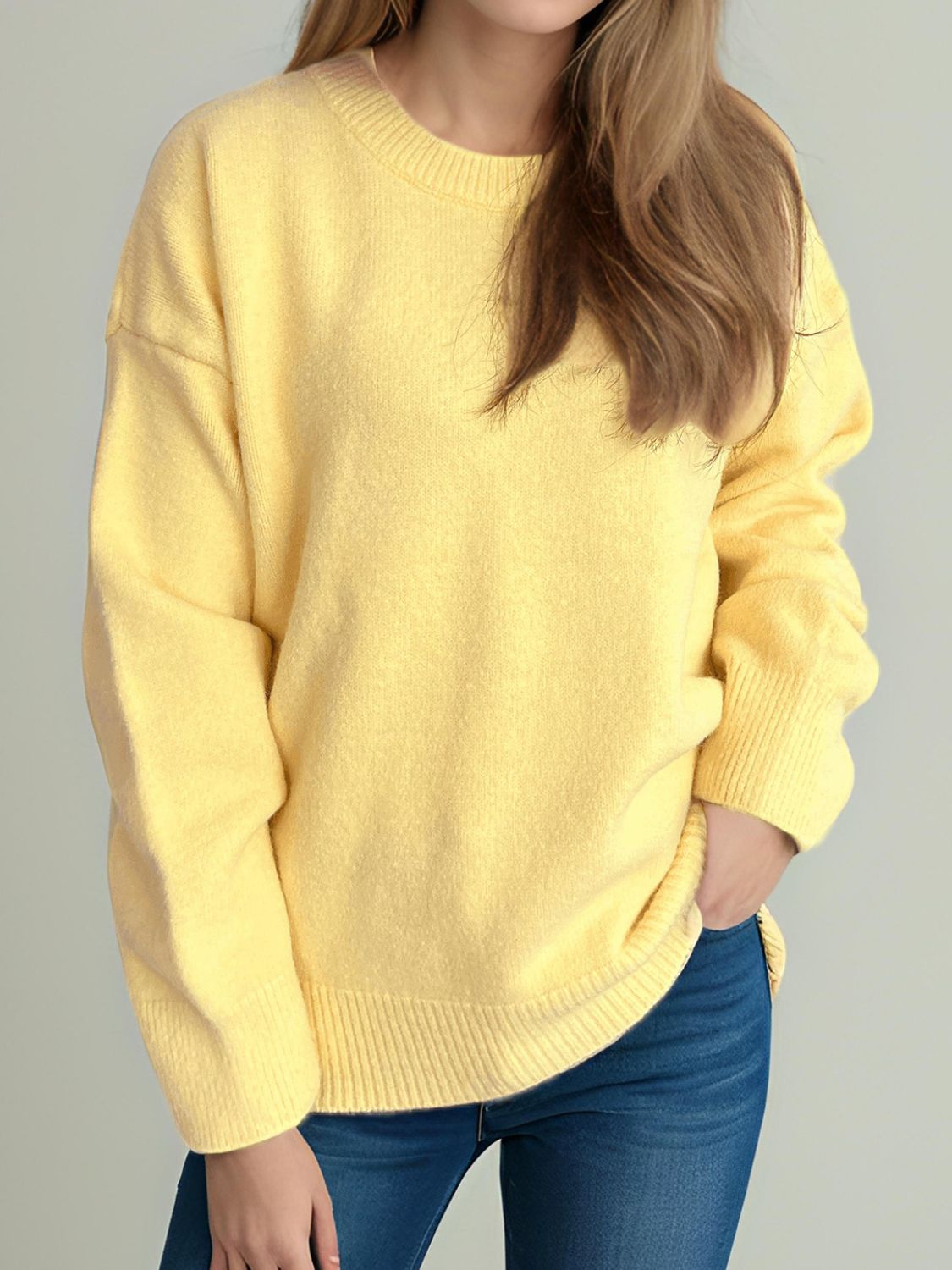 Round Neck Dropped Shoulder Long Sleeve Sweater-TOPS / DRESSES-[Adult]-[Female]-Yellow-One Size-2022 Online Blue Zone Planet