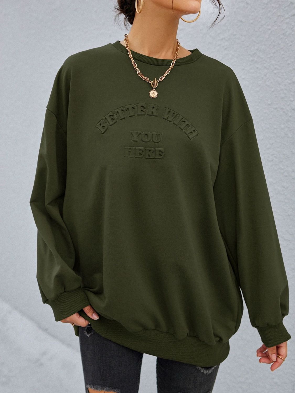 Stereoscopic Letter Round Neck Long Sleeve Sweatshirt-TOPS / DRESSES-[Adult]-[Female]-Black Forest-S-2022 Online Blue Zone Planet