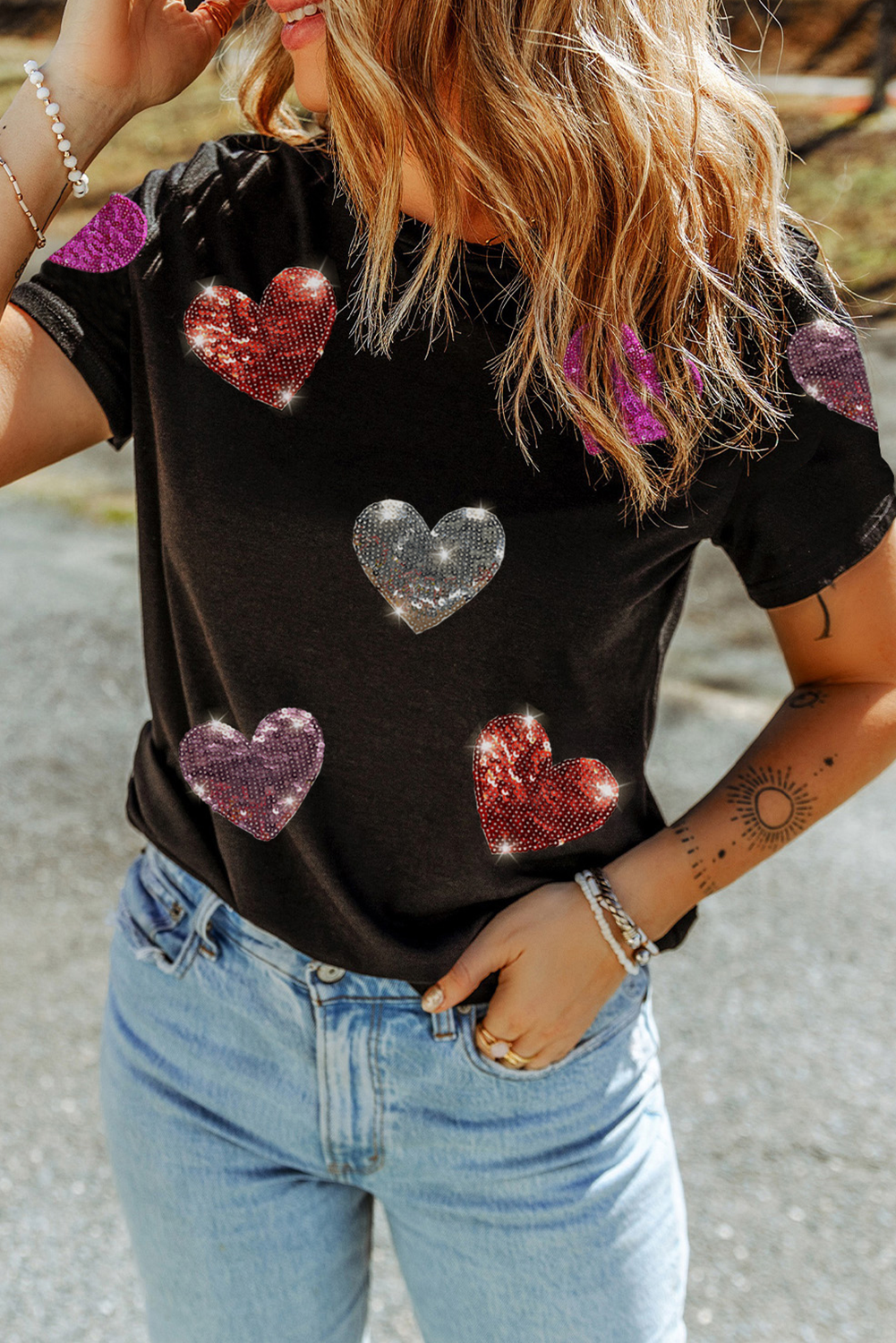 Black Sequin Heart Pattern Crewneck Valentines Tee-Graphic Tees-[Adult]-[Female]-2022 Online Blue Zone Planet