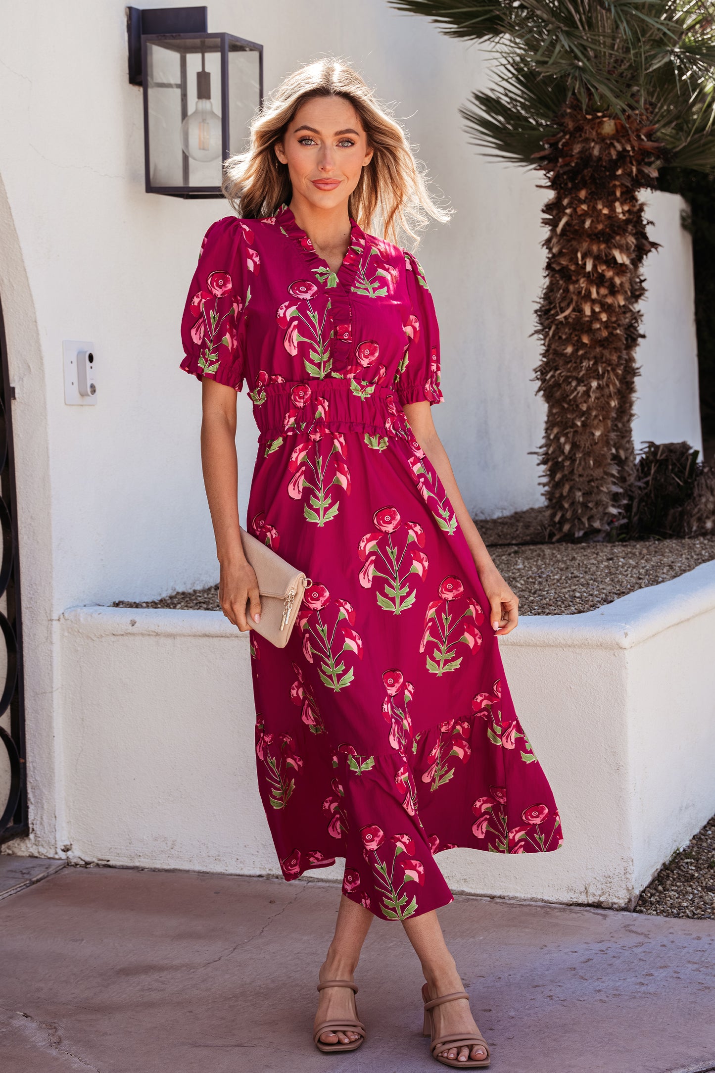 Red Floral Print Frilled V Neck Short Sleeve Ruffle Maxi Dress-TOPS / DRESSES-[Adult]-[Female]-2022 Online Blue Zone Planet