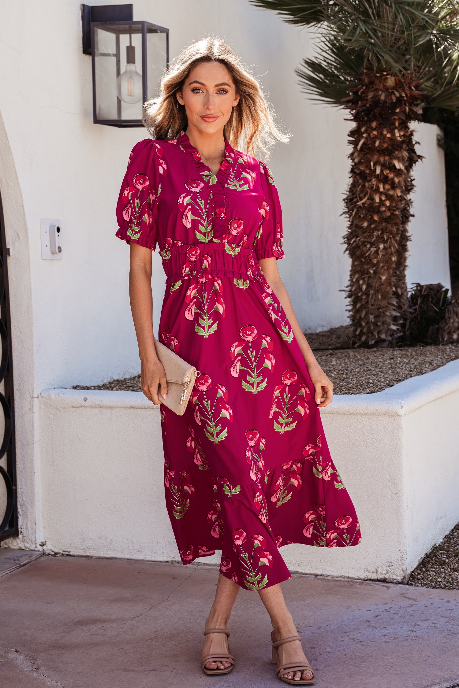 Red Floral Print Frilled V Neck Short Sleeve Ruffle Maxi Dress-TOPS / DRESSES-[Adult]-[Female]-2022 Online Blue Zone Planet