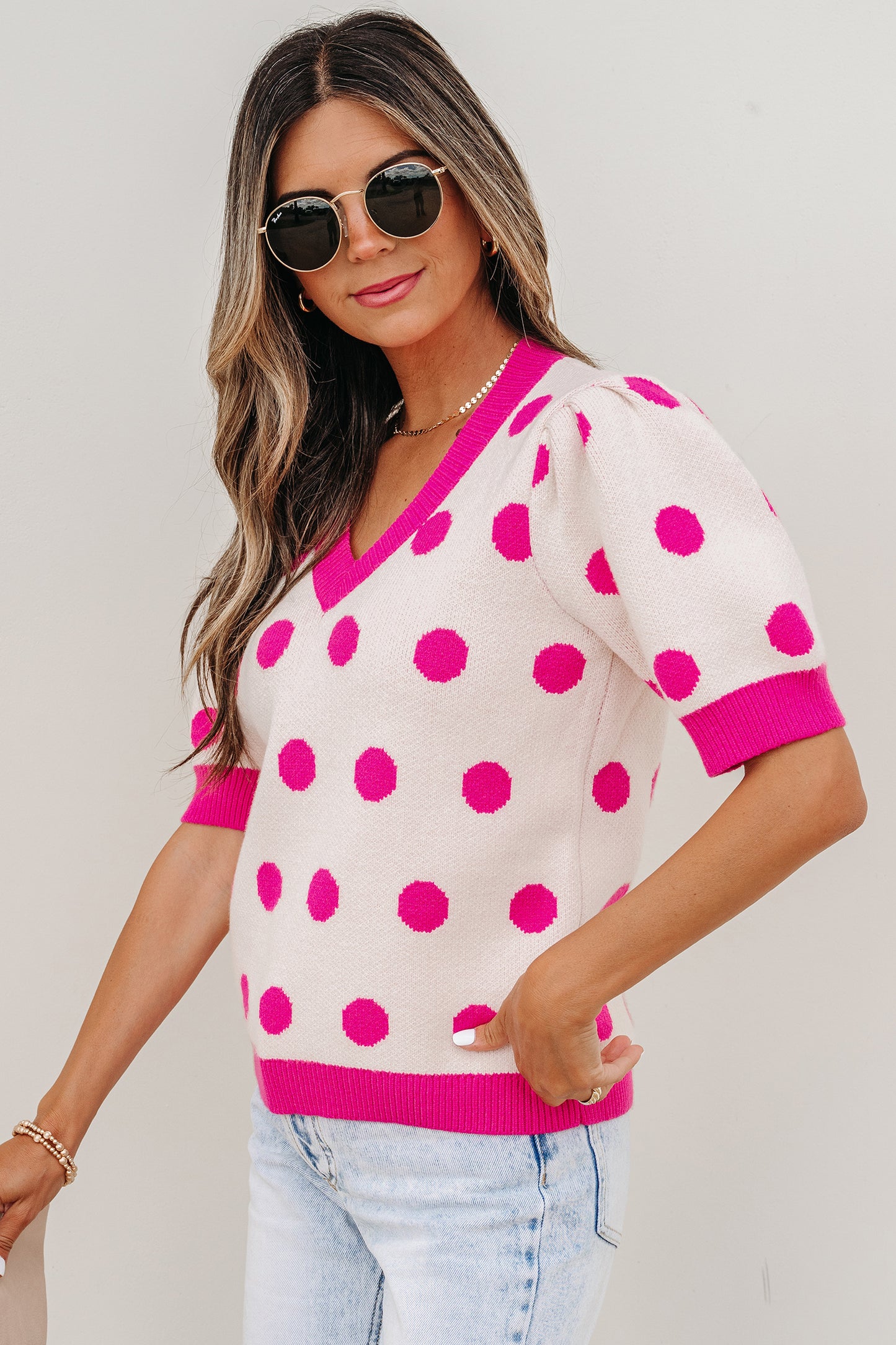 Rose Red Polka Dot Puff Short Sleeve Sweater Top-Sweaters & Cardigans/Short Sleeve Sweaters-[Adult]-[Female]-2022 Online Blue Zone Planet