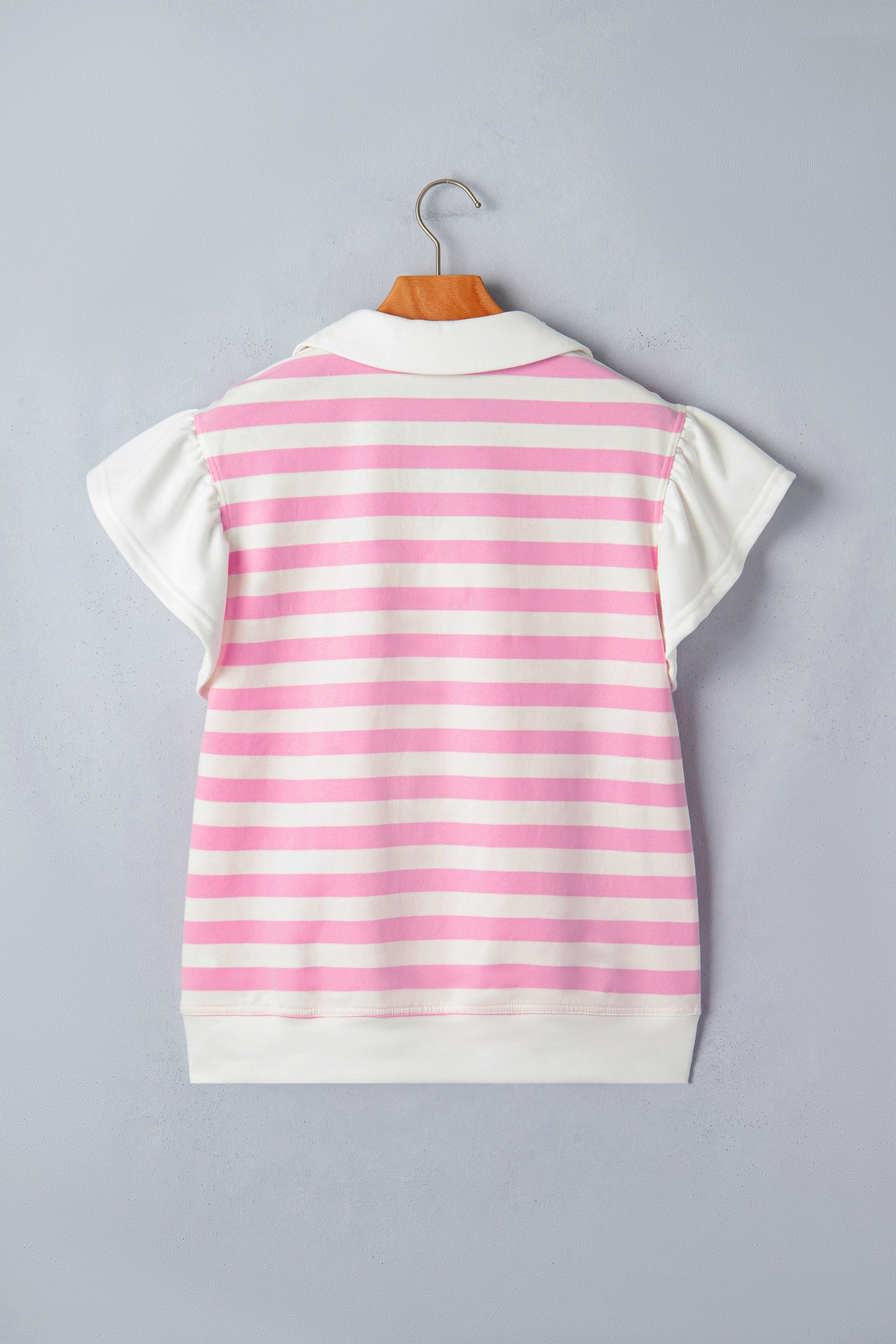 Pink Stripe Collar V Neck Ruffled Short Sleeve Blouse-Tops/Blouses & Shirts-[Adult]-[Female]-2022 Online Blue Zone Planet