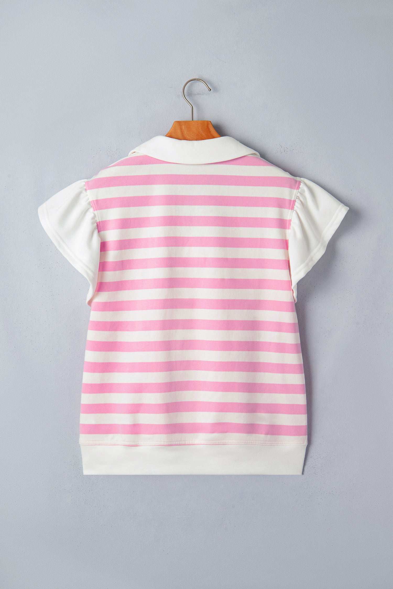 Pink Stripe Collar V Neck Ruffled Short Sleeve Blouse-Tops/Blouses & Shirts-[Adult]-[Female]-2022 Online Blue Zone Planet