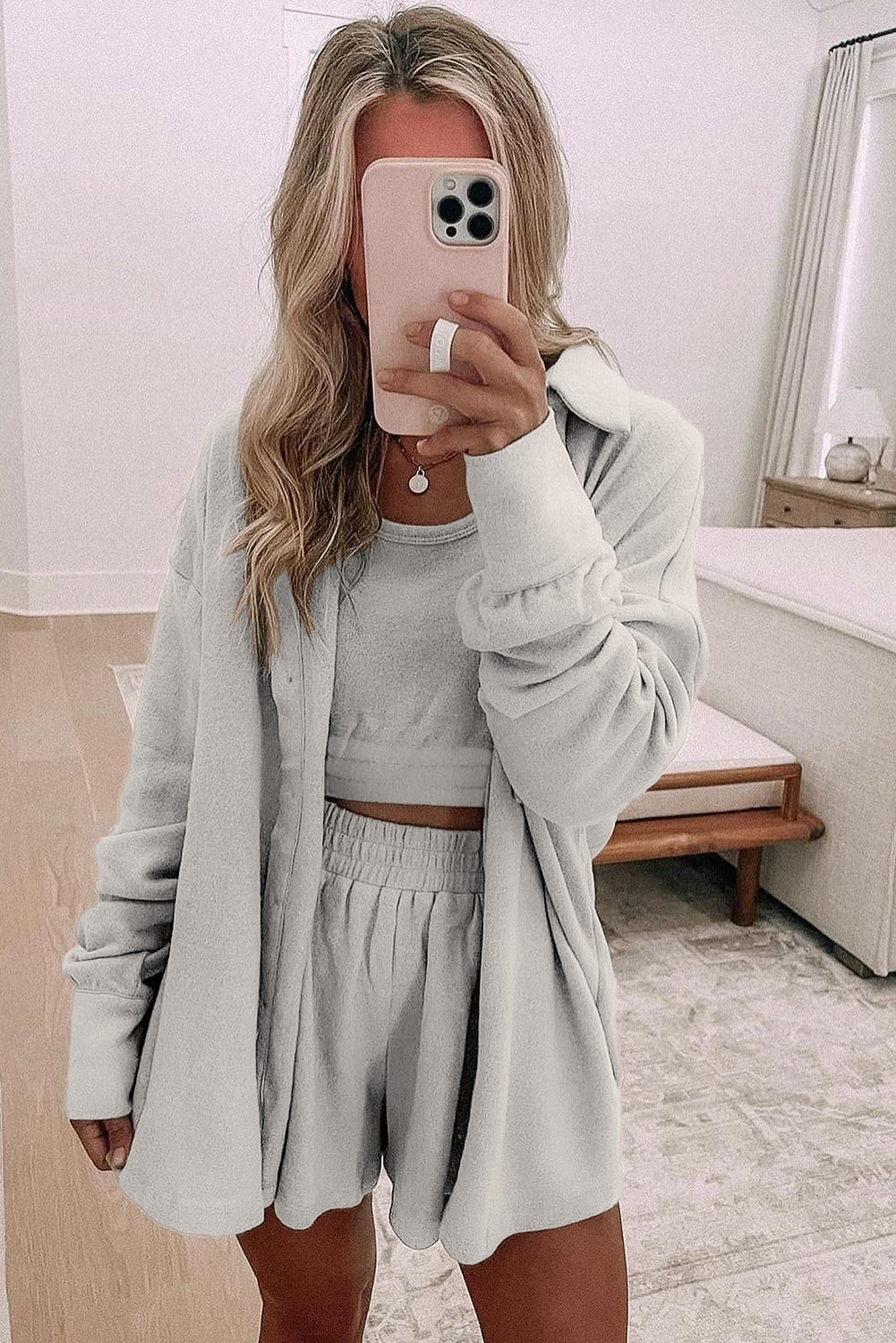 Gray 3 Pcs Crop Tank Top Shorts with Cardigan Lounge Set-Loungewear & Sleepwear/Loungewear-[Adult]-[Female]-2022 Online Blue Zone Planet