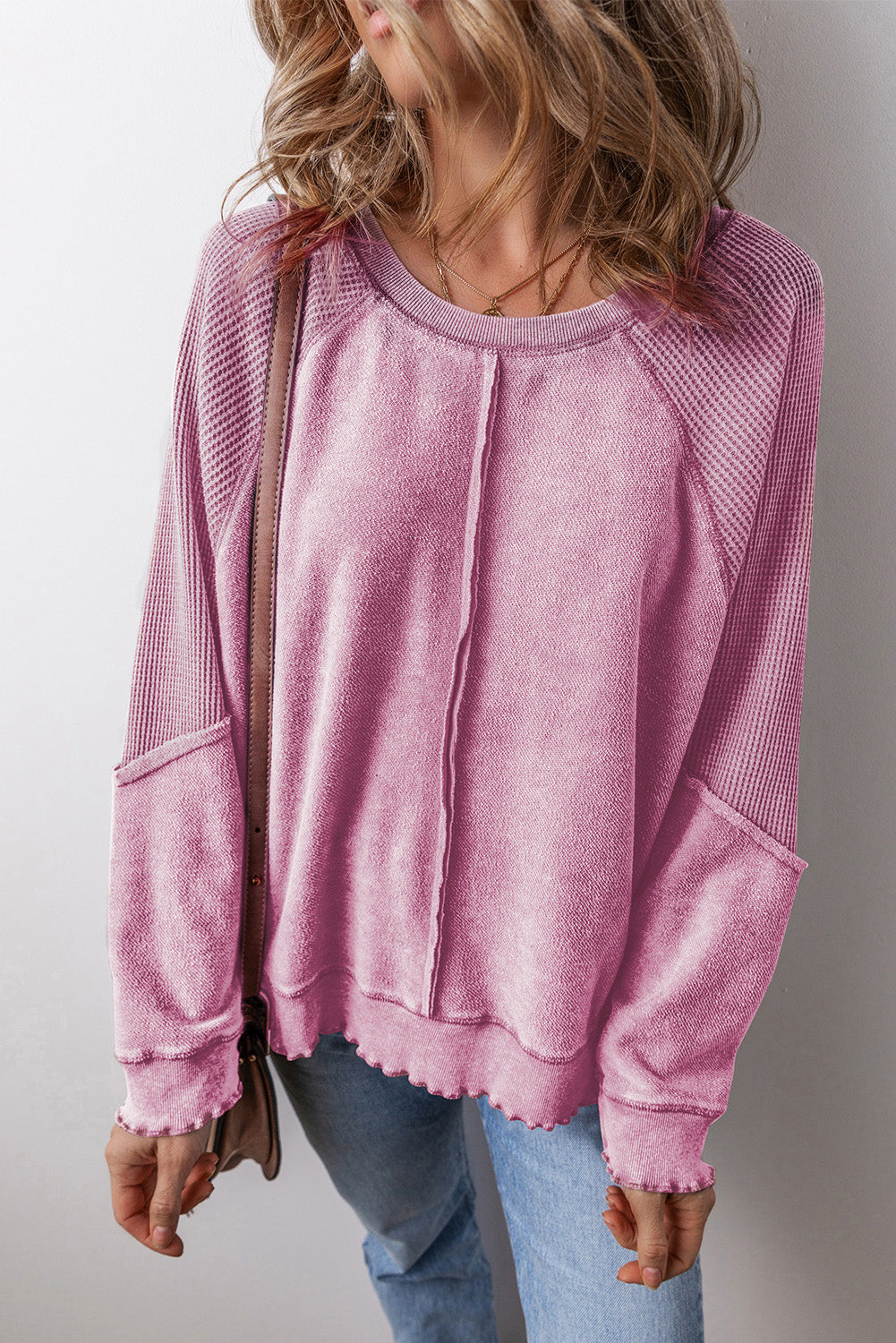 Pink Waffle Knit Patchwork Exposed Seam Raglan Sweatshirt-Tops/Sweatshirts & Hoodies-[Adult]-[Female]-2022 Online Blue Zone Planet