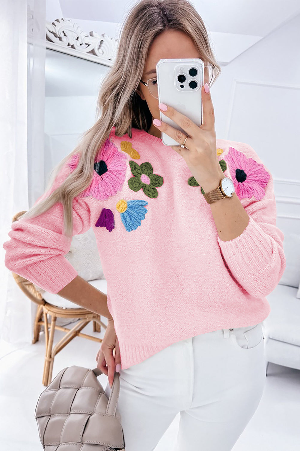 Light Blue Knitted Flower Pattern Ribbed Edge Sweater-Sweaters & Cardigans/Sweaters-[Adult]-[Female]-2022 Online Blue Zone Planet