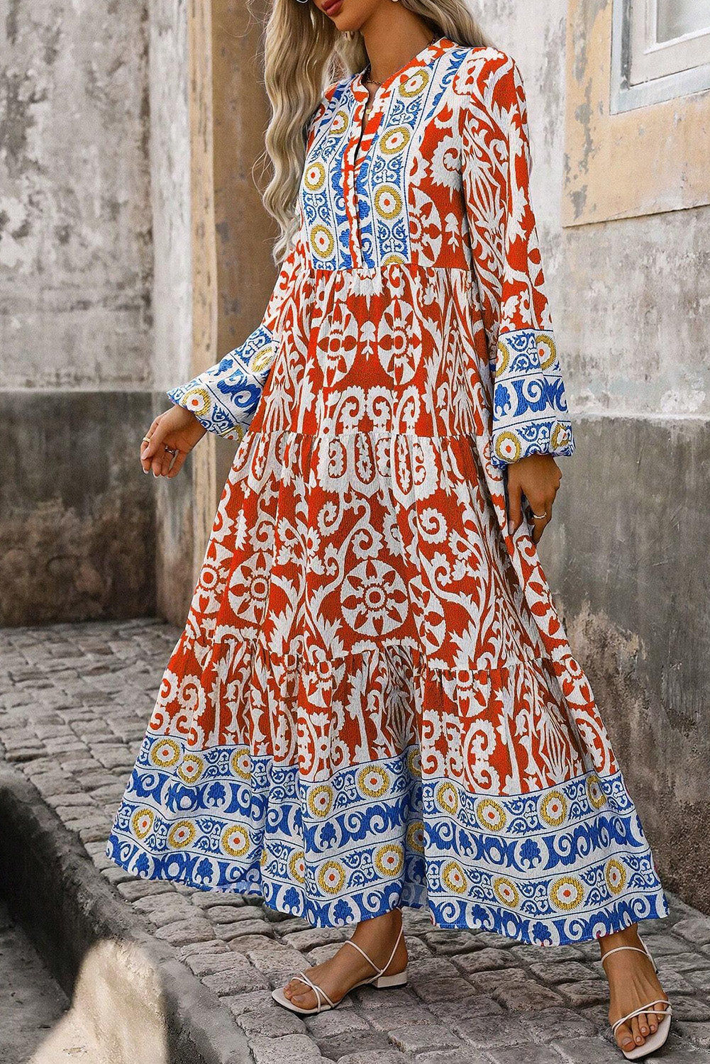 Blue Zone Planet | Orange Boho Geometric Printed Long Sleeve Maxi Dress Blue Zone Planet | Orange Boho Geometric Printed Long Sleeve Maxi Dress